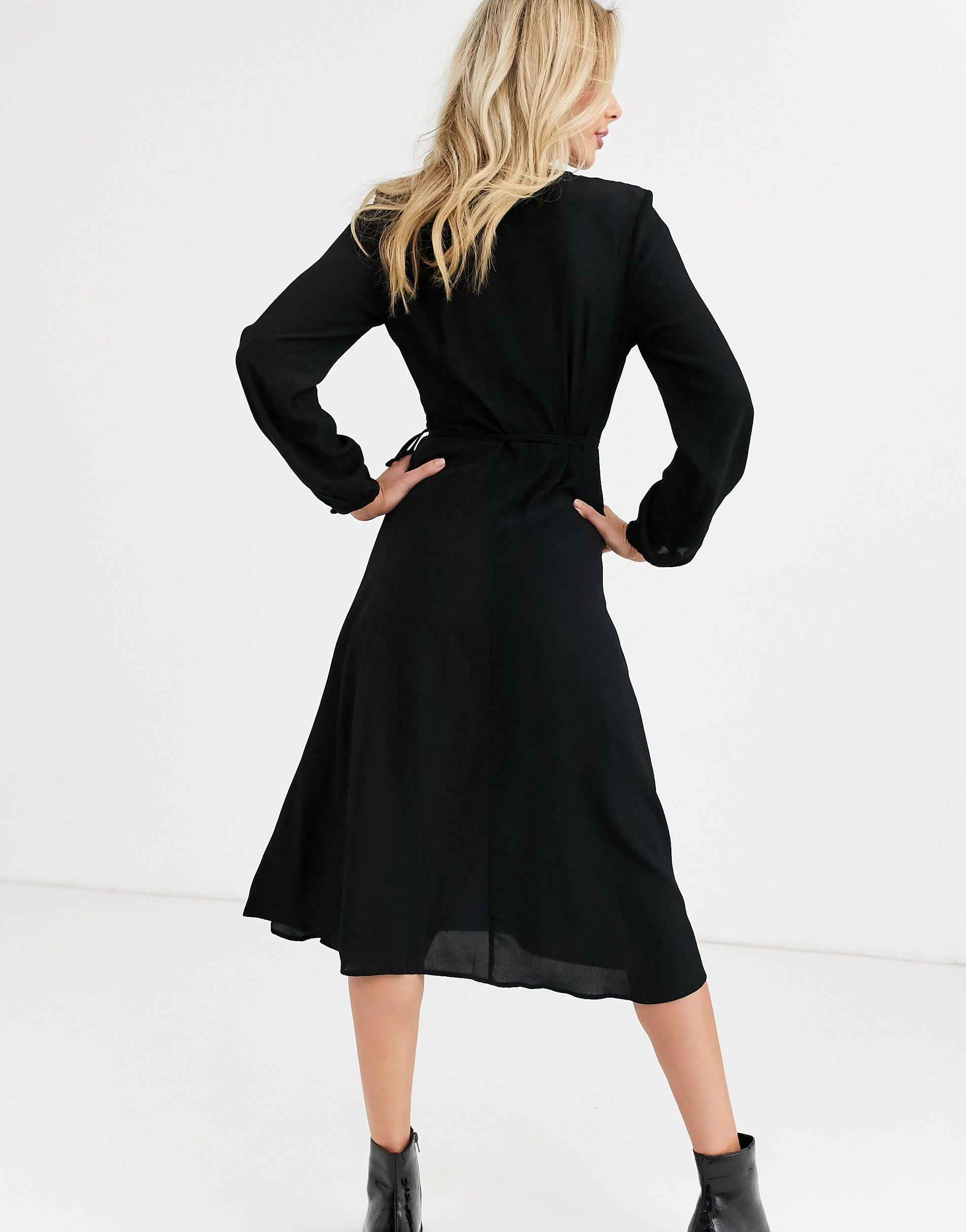 New Look Long Sleeve Wrap Midi Dress in Black | Lyst