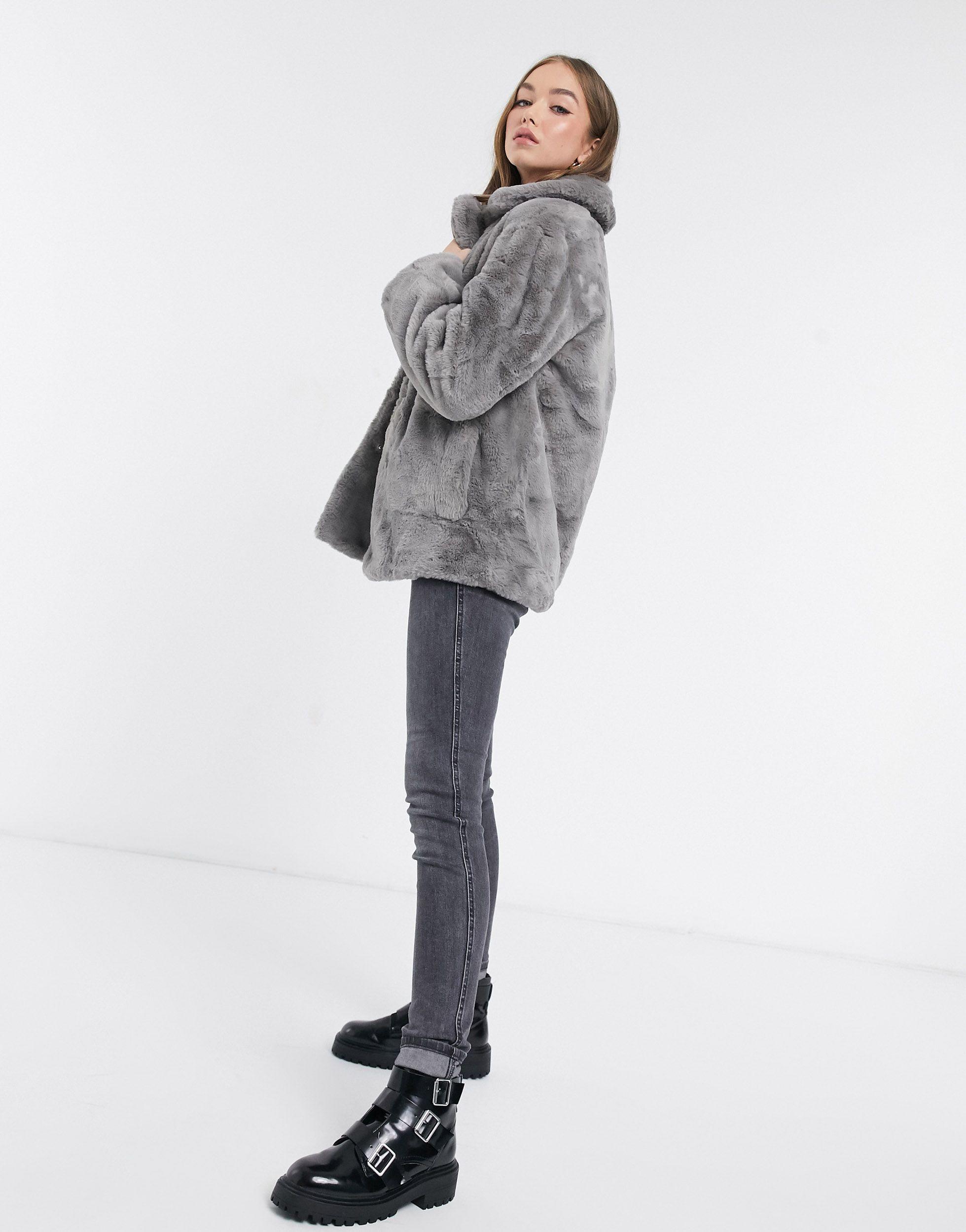 new look faux fur short coat in grey