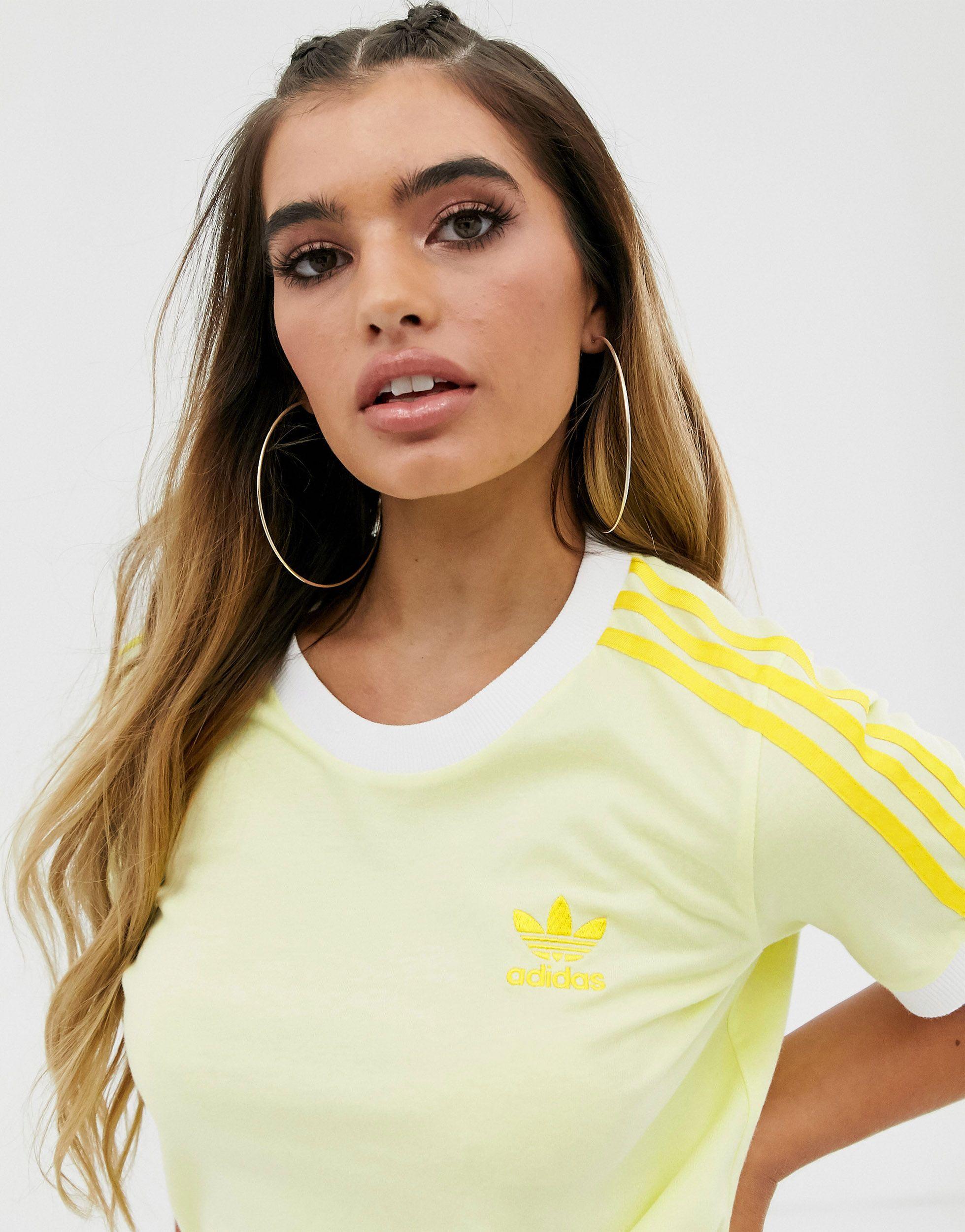 Sale > yellow adidas 3 stripe t shirt > in stock