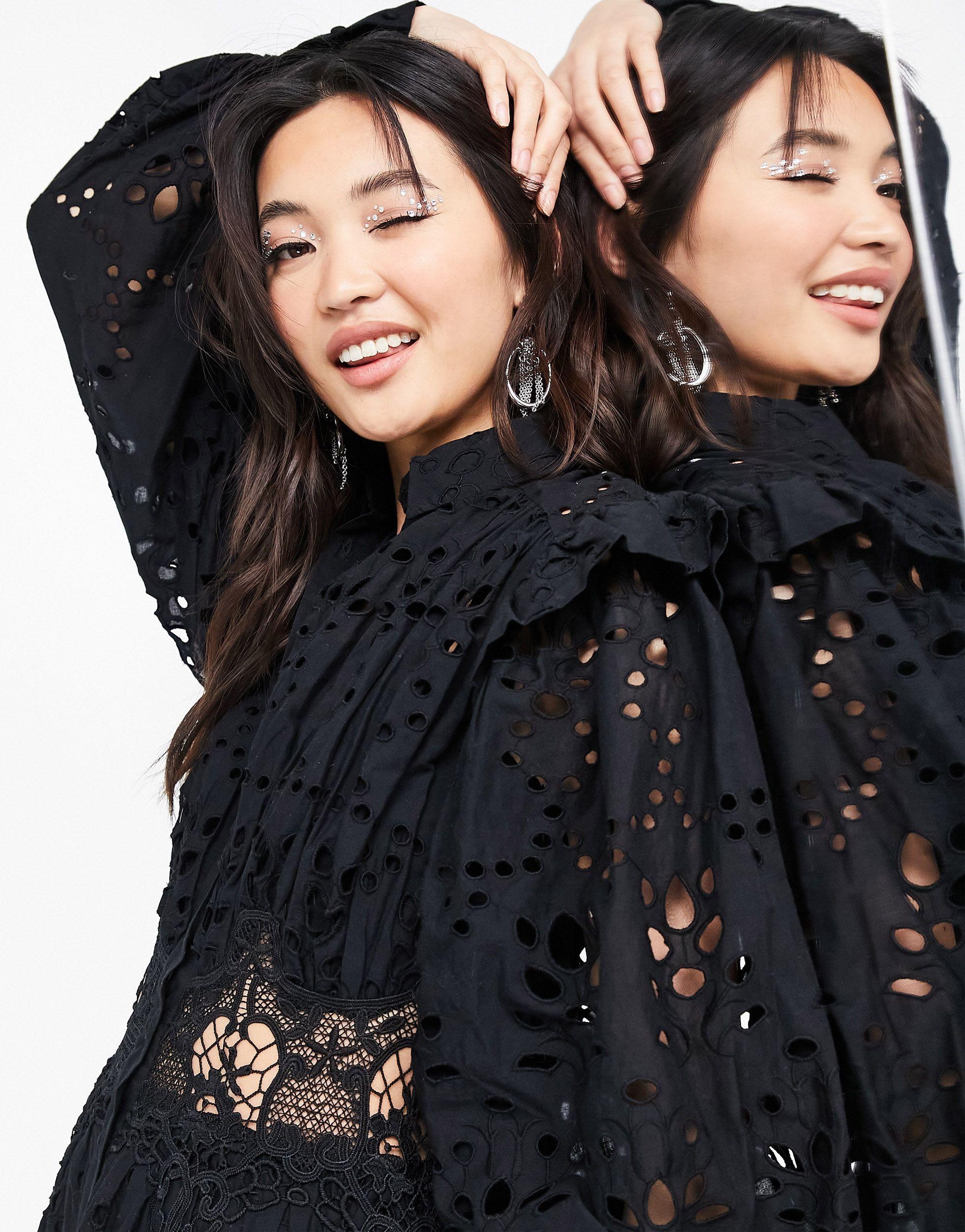 ASOS Broderie Shirt Dress in Black | Lyst