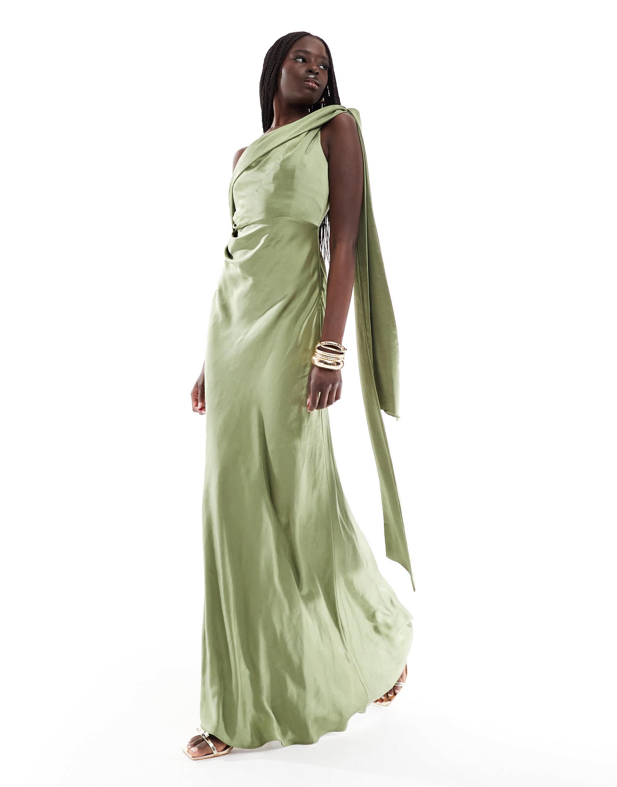 slim fit dress slacks Rent ASOS DESIGN Drape Cami Maxi Dress With Satin Waist Detail In Olive main image 0