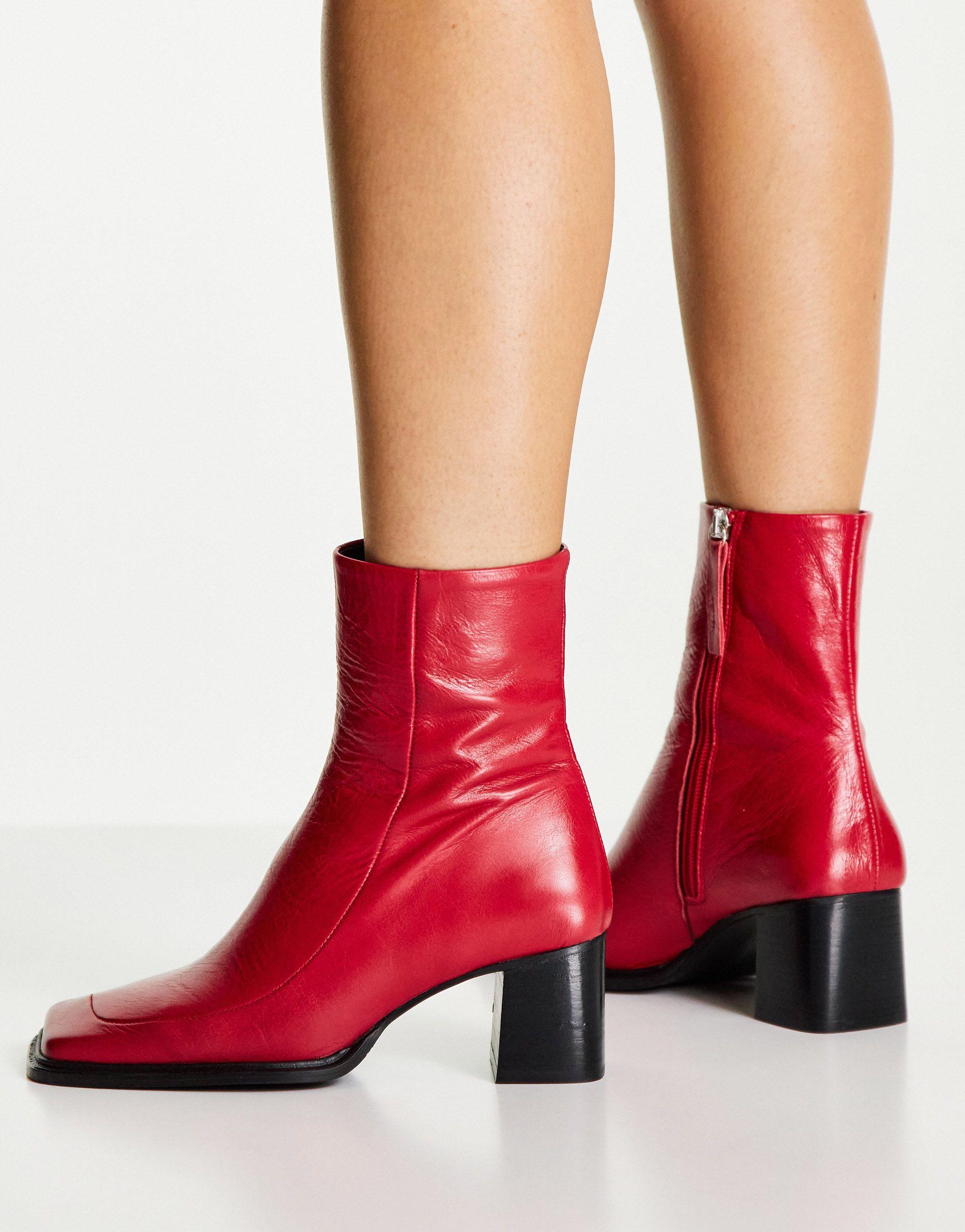 ASOS Roberta Premium Leather Square Toe Boots in Red | Lyst