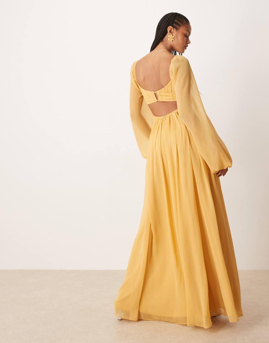 asos yellow backless dress ASOS Asos Design Tall Long Sleeve Cut Out Maxi Dress With Ruched Skirt in  Natural