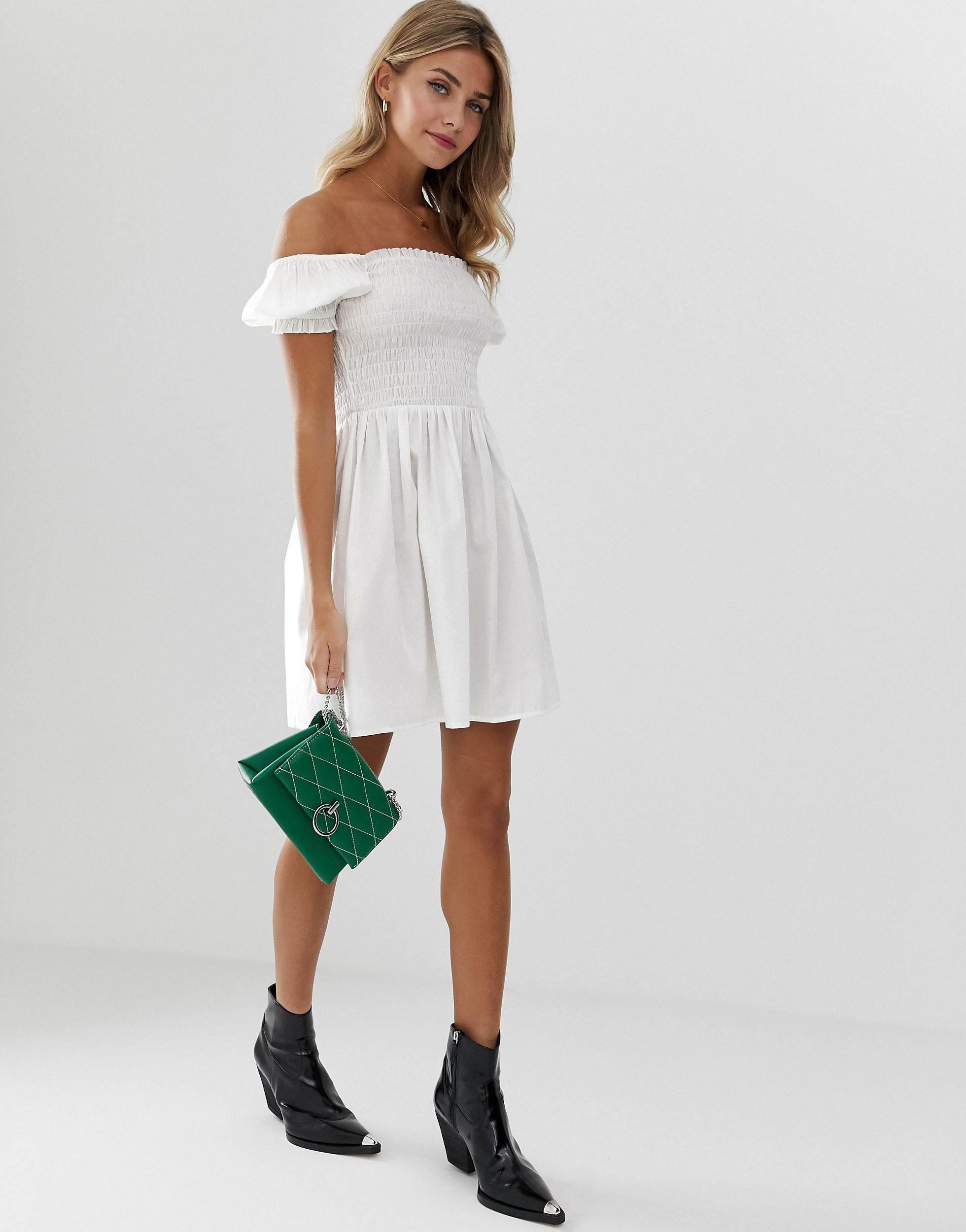 ASOS Shirred Bodice Square Neck Cotton Mini Smock Dress in White | Lyst