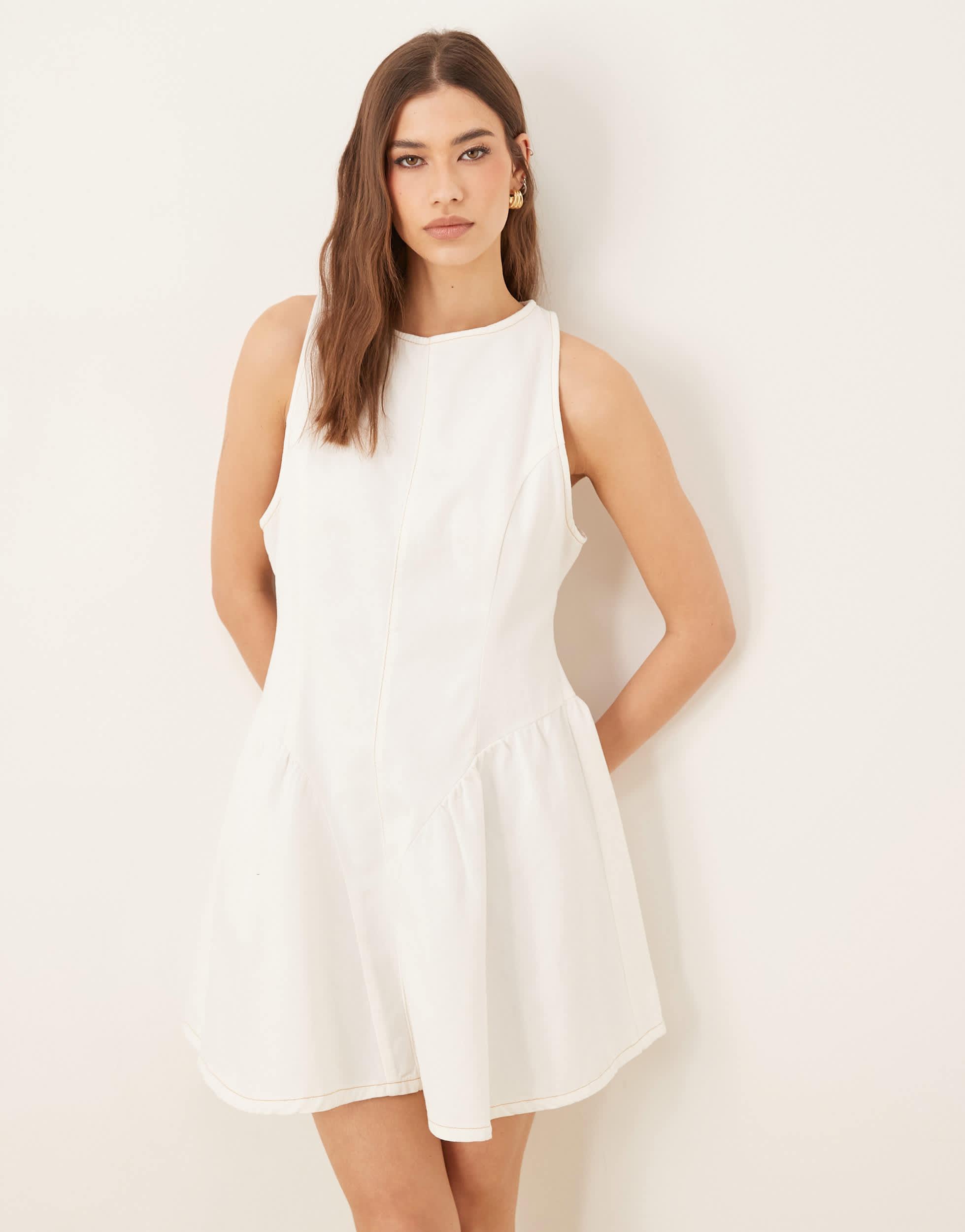 asos white denim dress ASOS Design Tall denim maxi shirt dress with belt and open back detail-White