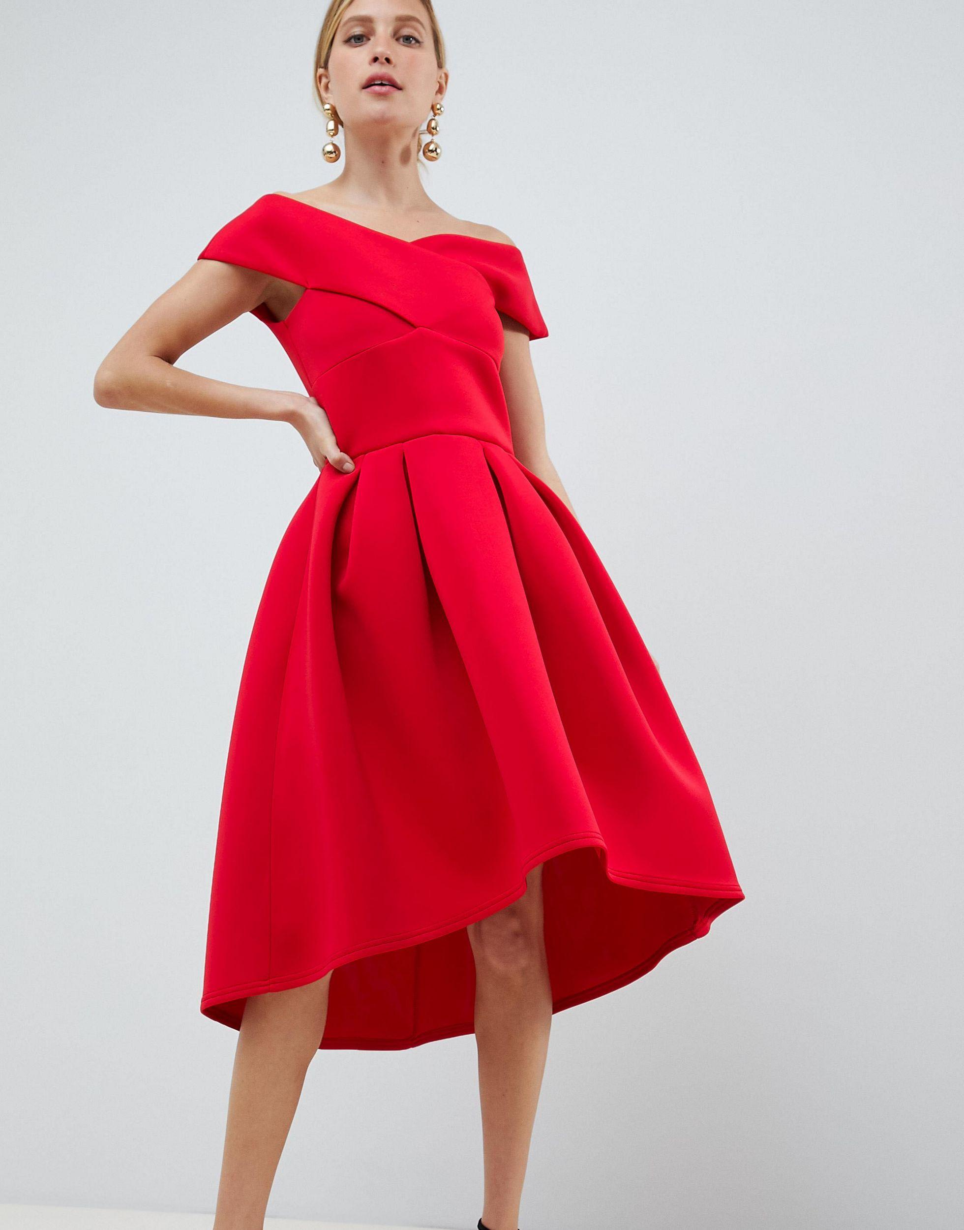 red bardot prom dress