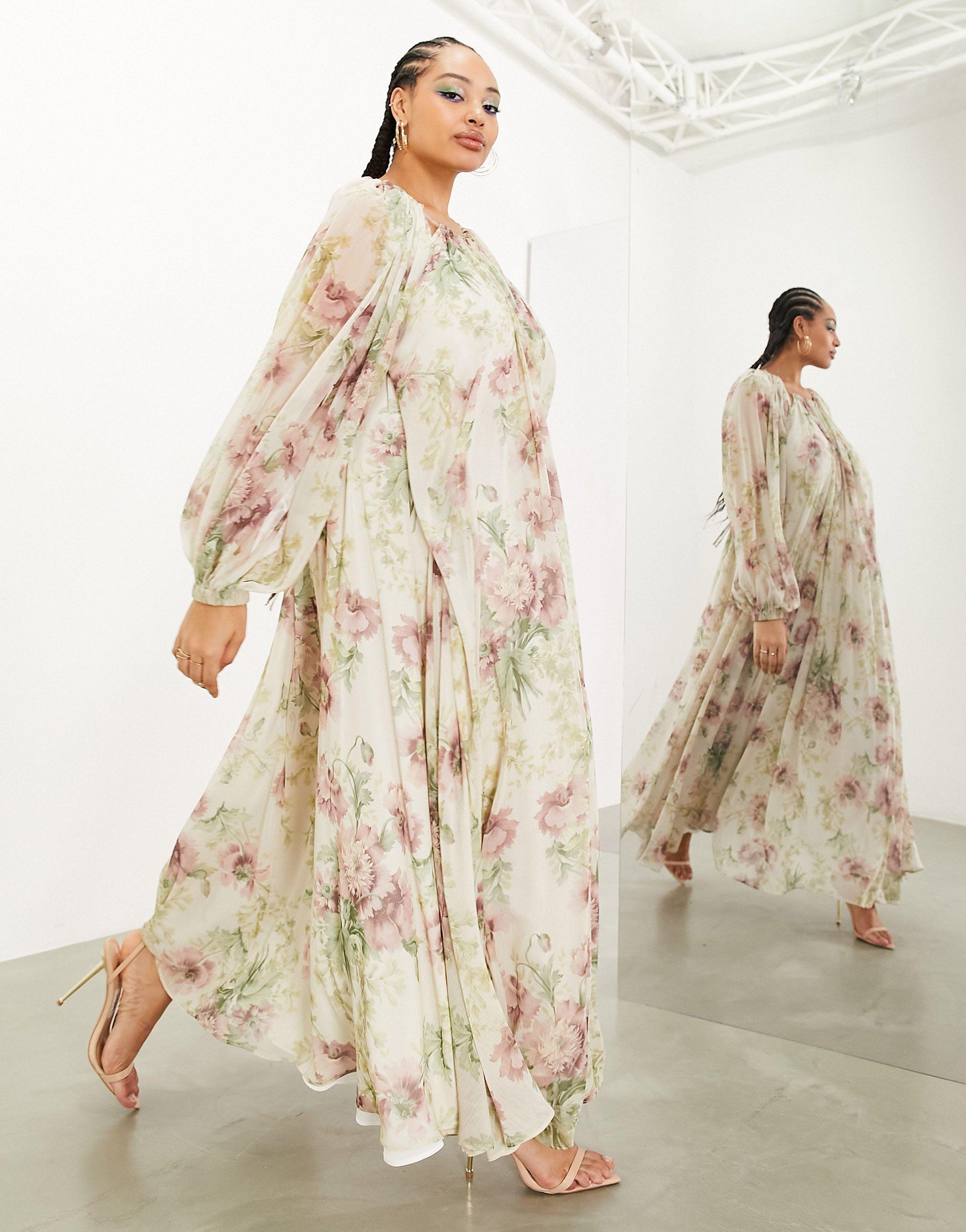 Curve robe longue a fleurs vintage en mousseline avec manches fendues creme ASOS en coloris Neutre Lyst