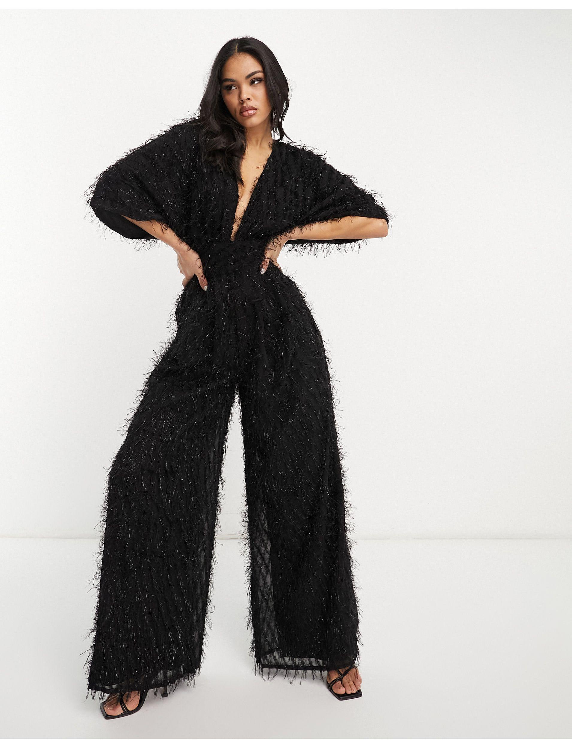 ASOS Fluffy Plunge Jumpsuit With Wide Leg in Black Lyst