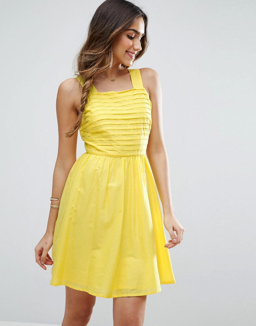 Asos Cotton Pleated Mini Sundress In Yellow Lyst