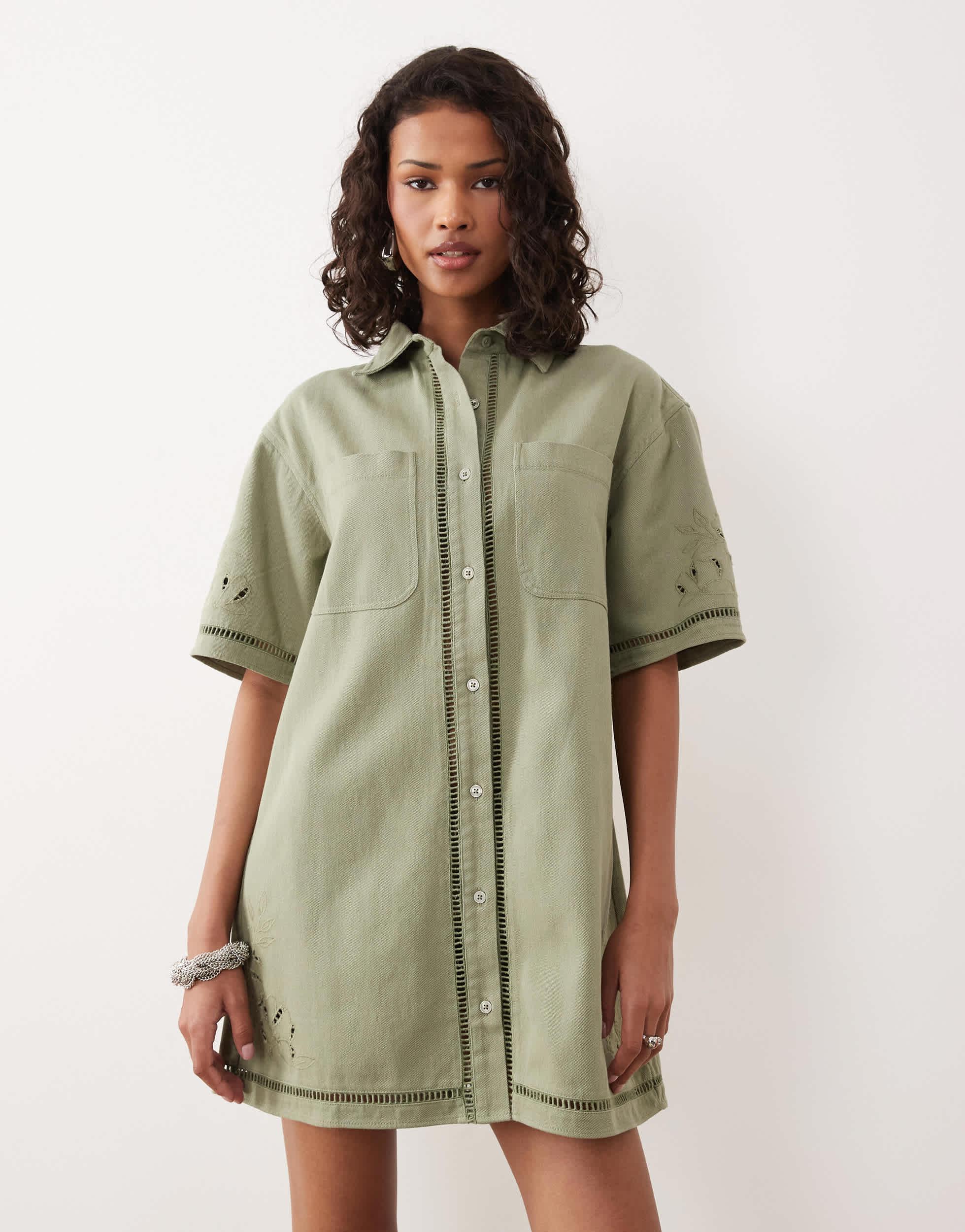 green denim shirt dress ASOS DESIGN fitted denim shirt dress in olive green