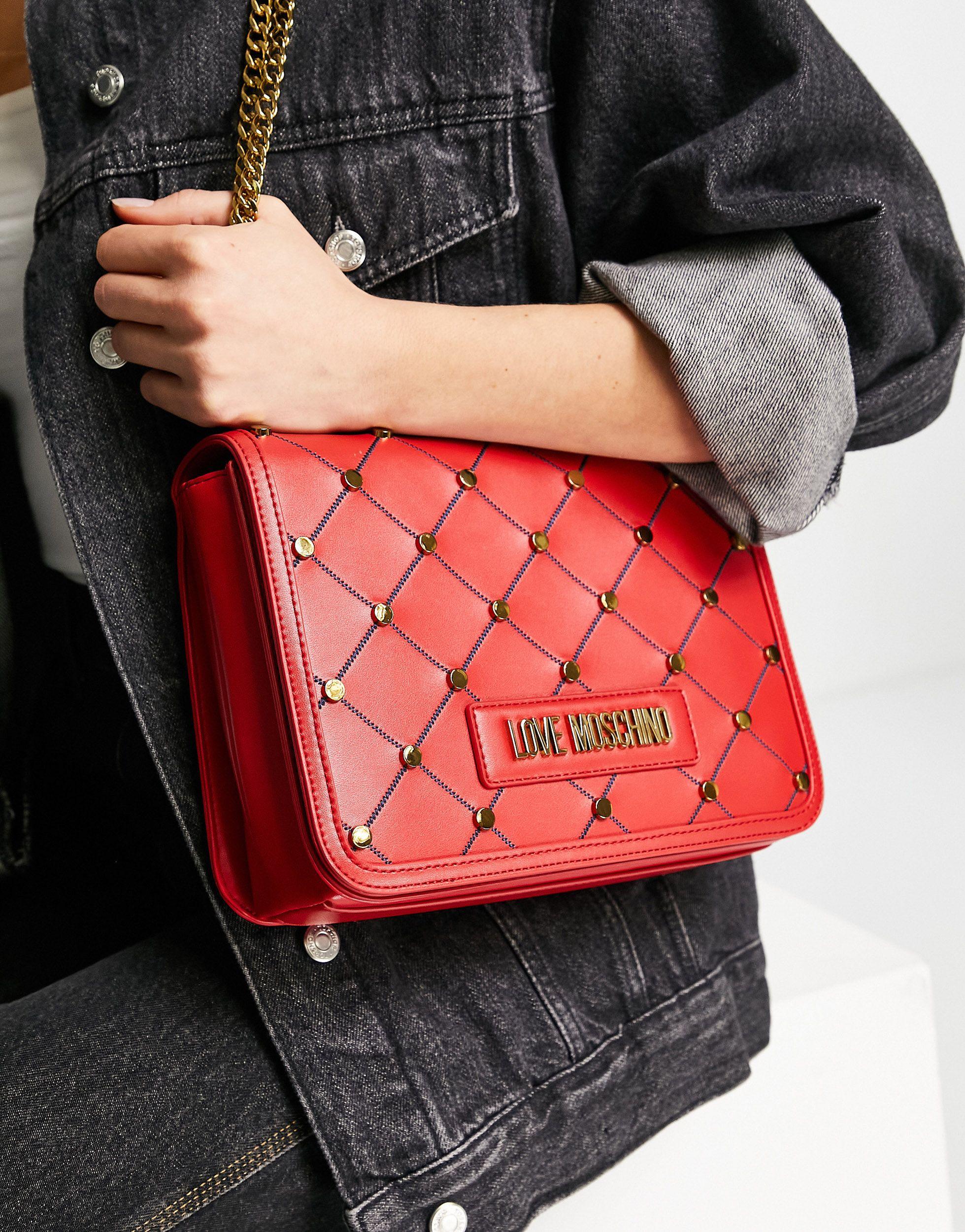 Love Moschino Stud Shoulder Bag in Red | Lyst