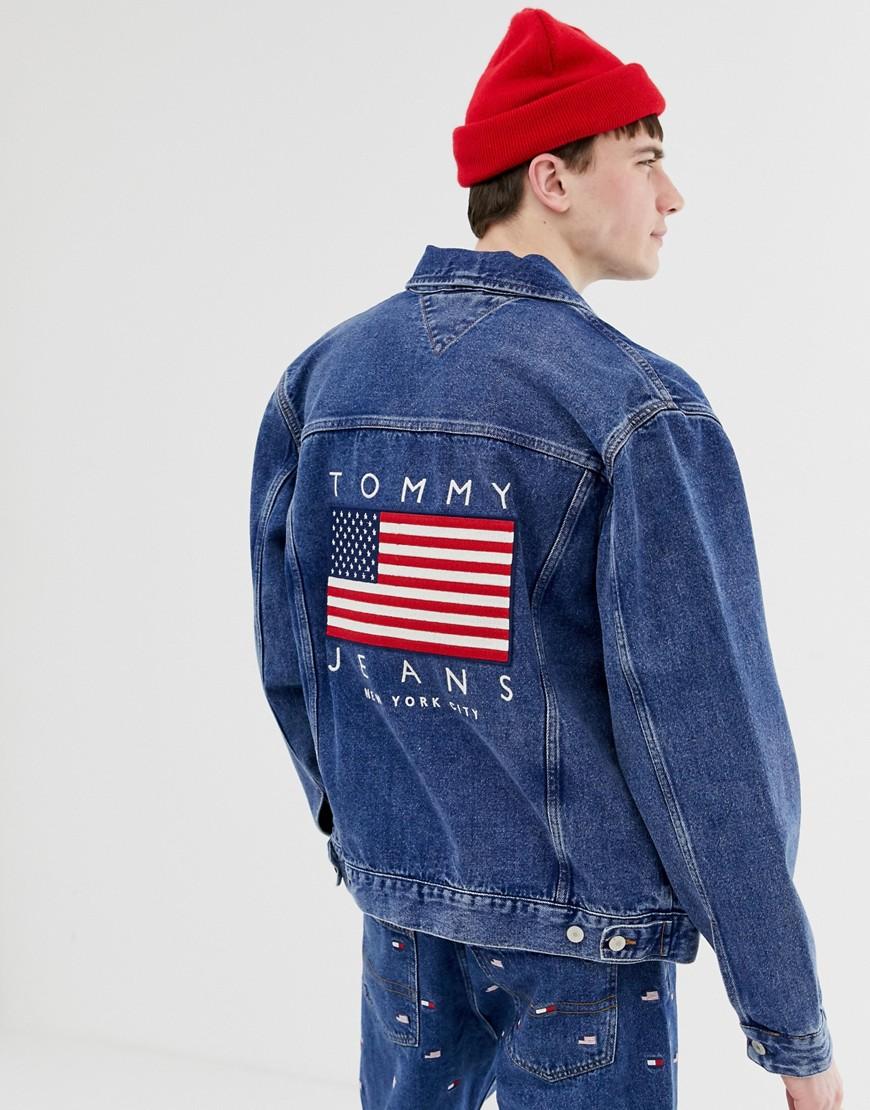 Tommy Hilfiger Us Flag Capsule Back Logo Print Denim Jacket In Mid Wash in  Blue for Men - Lyst