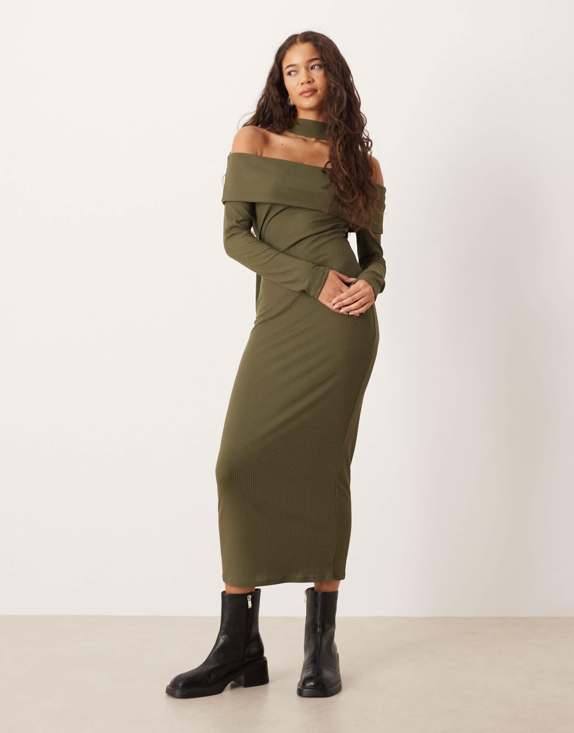 chinese dress ladies Rent ASOS DESIGN Tall Knitted Oversized Midi Dress With High Neck In Stone main image 0
