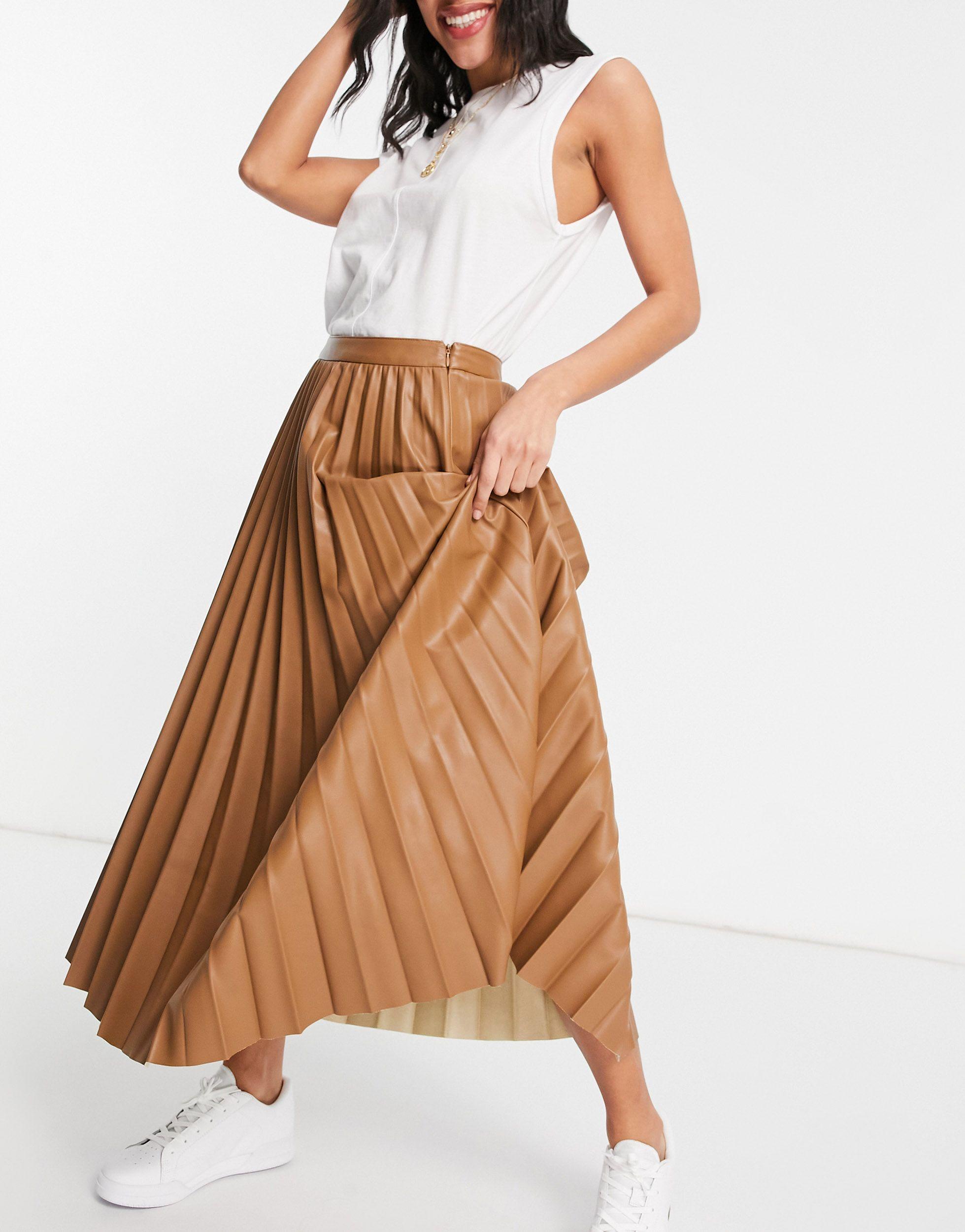 Mango Pleated Faux Leather Midi Skirt in Brown | Lyst