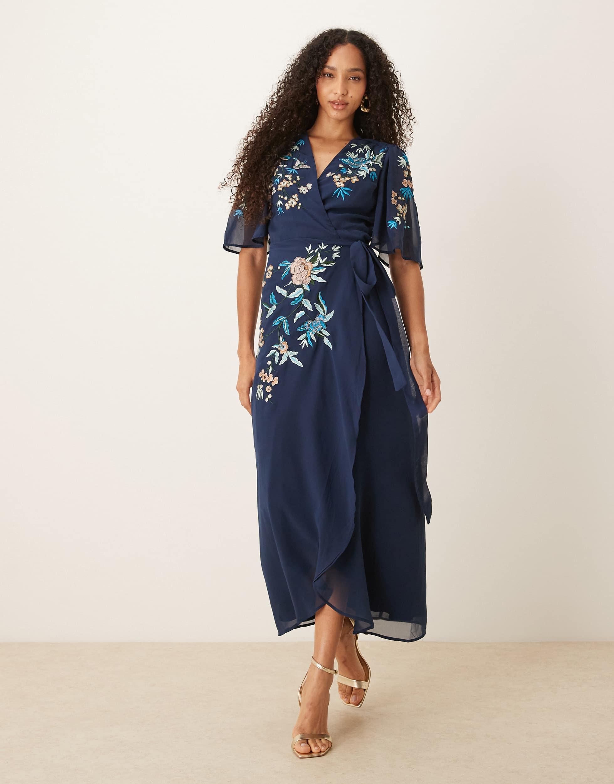 green emerald velvet dress Teal Embroidered Kimono Style Wrap Dress main image 0