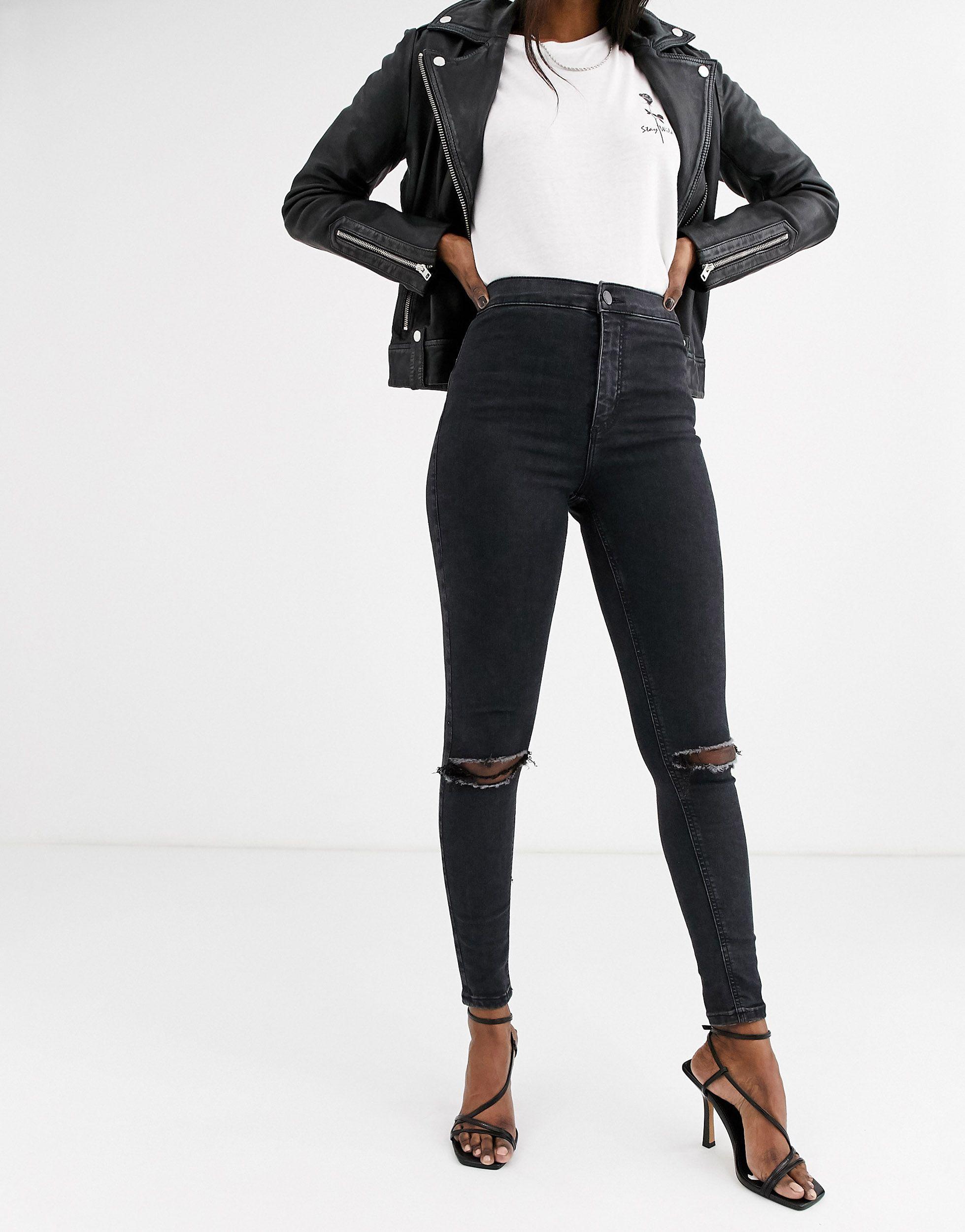 TOPSHOP Denim Joni Skinny Jeans With Rips in Black | Lyst
