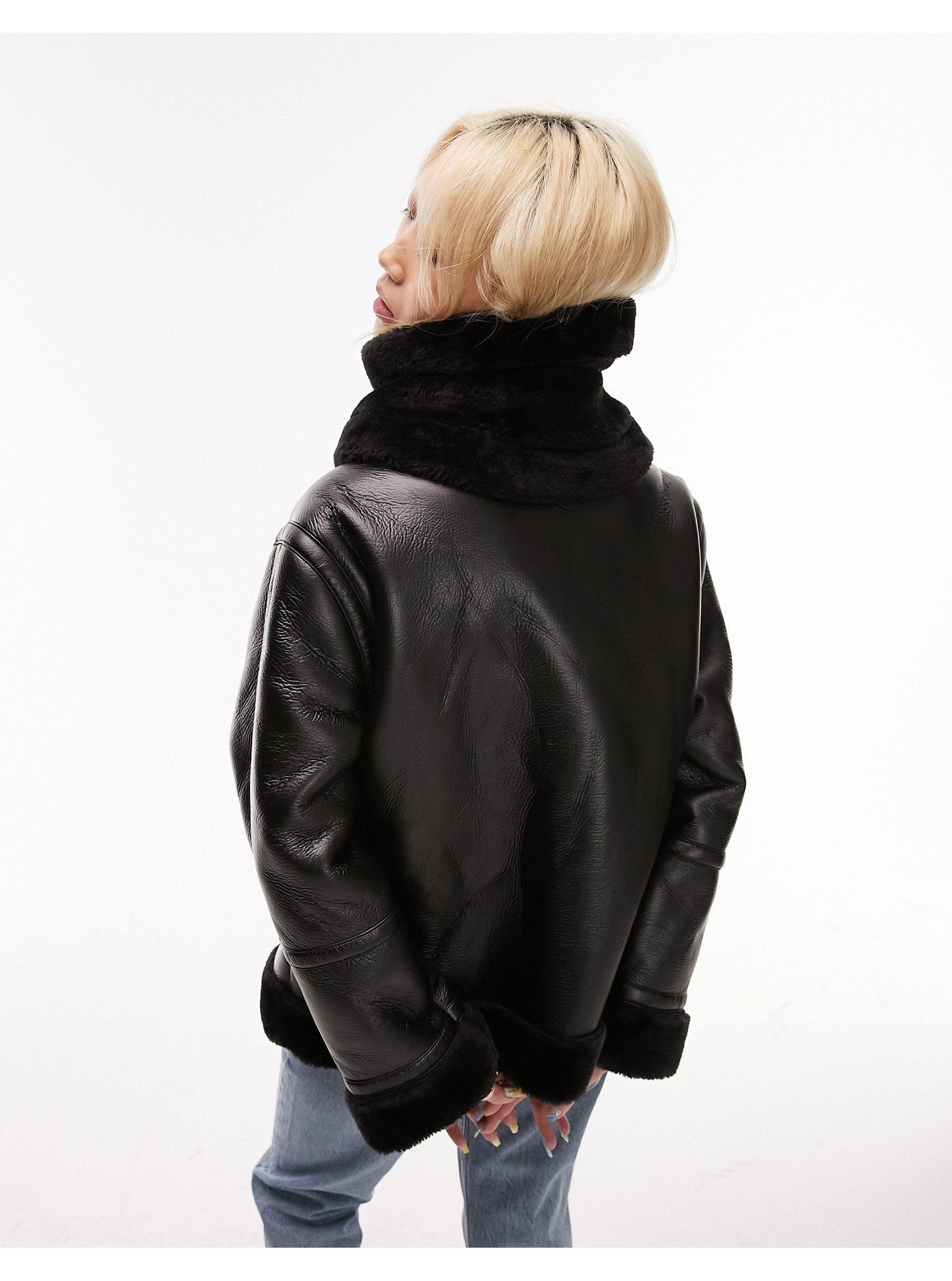 Aviateur Veste Noir Simili Cuir Blouson Aviateur Oversize Zippé