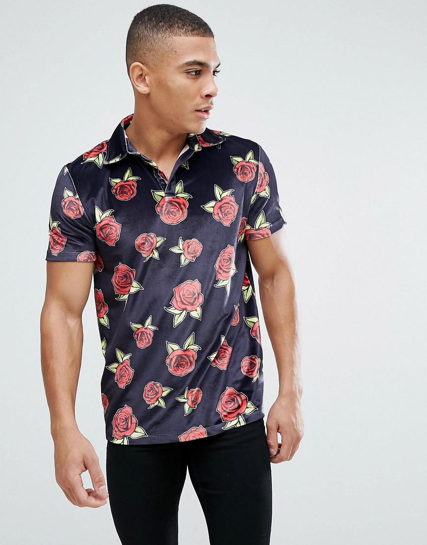 ASOS Synthetic Polo In All Over Floral Print Velour With Revere Collar ...
