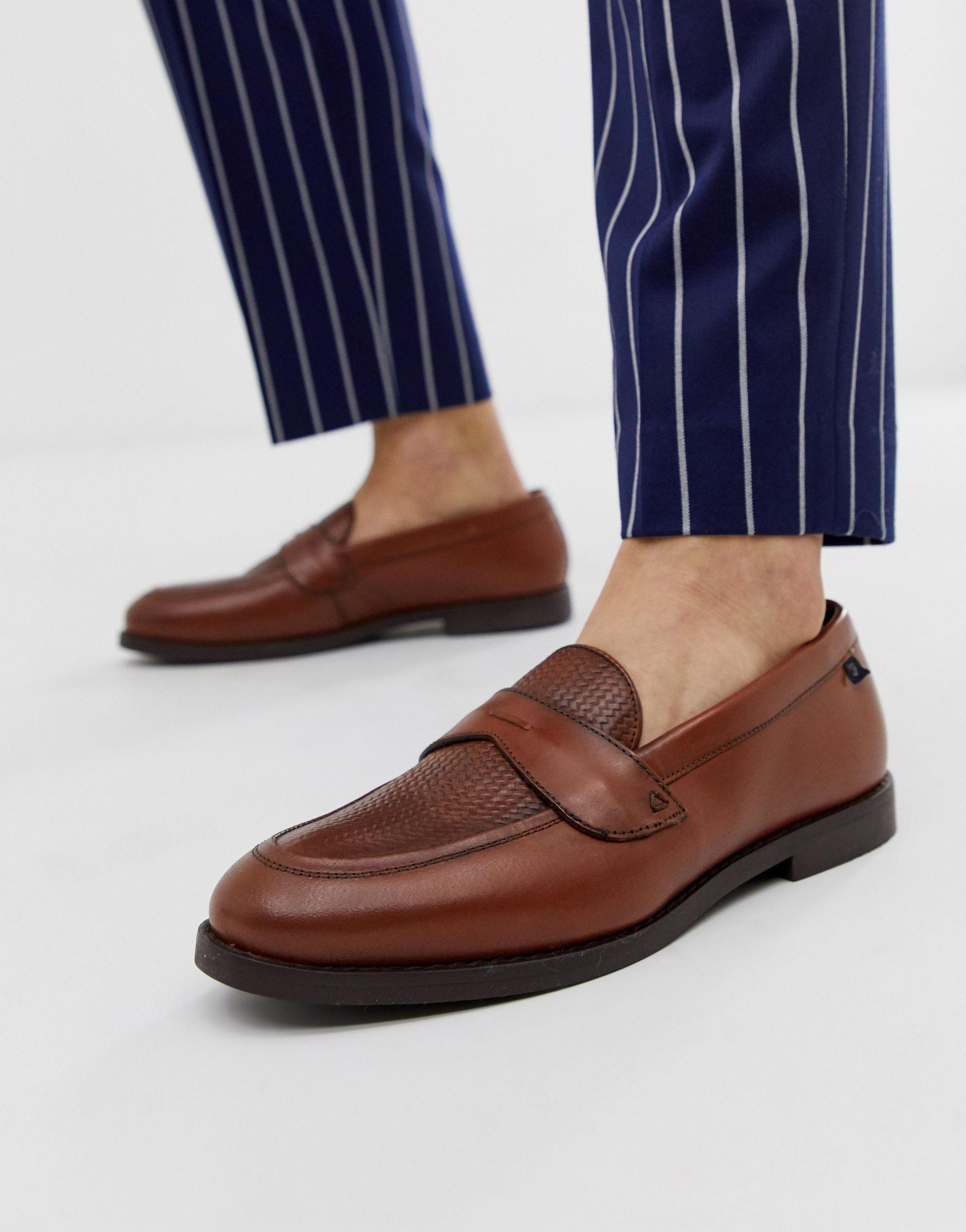 Farah Wide Fit Leather Woven Loafer in Brown for Men | Lyst UK