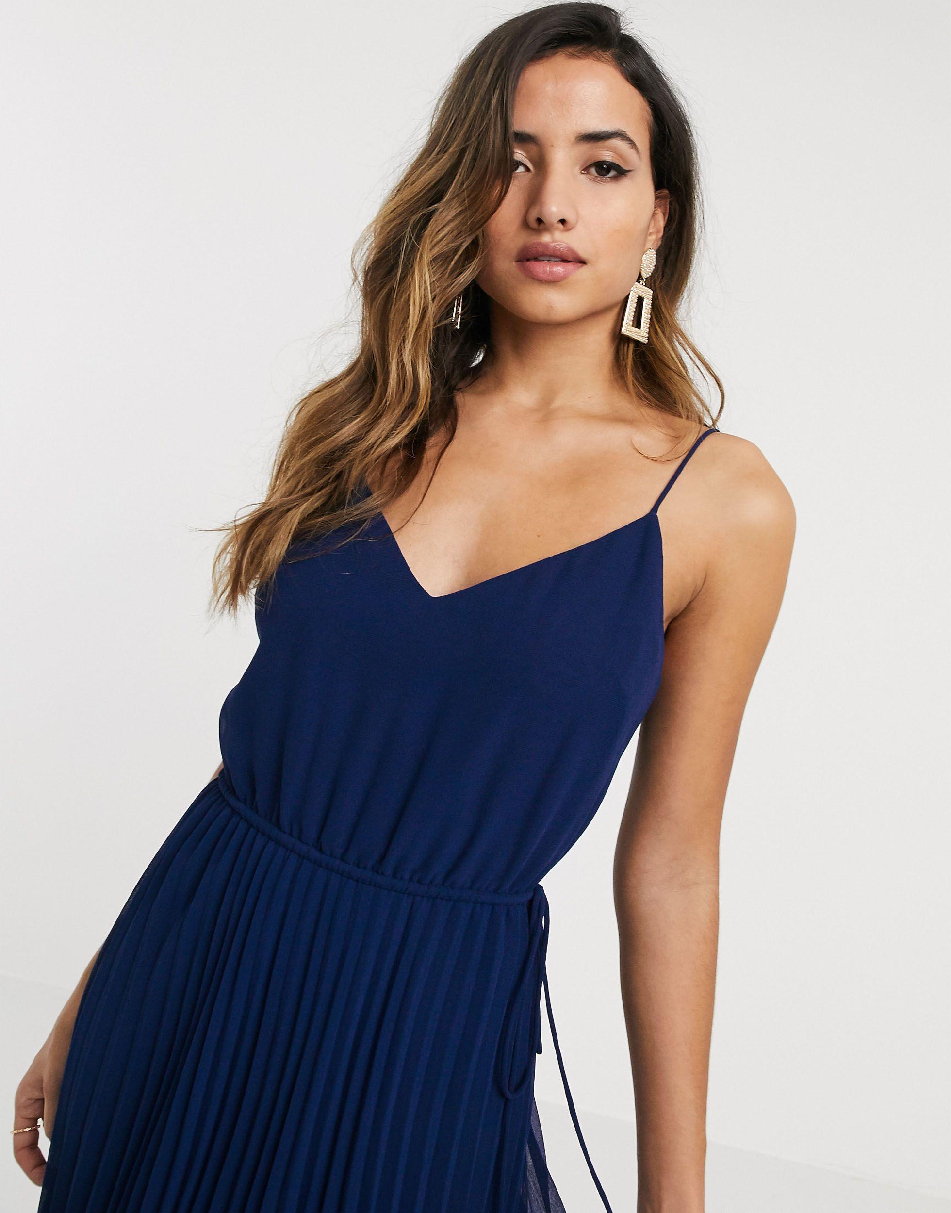 ASOS Synthetic Pleated Cami Midi Dress With Drawstring Waist in Navy ...