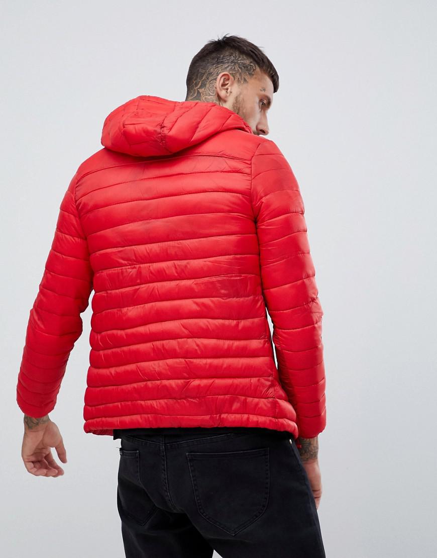 Bershka Denim Hooded Puffer Jacket In Red for Men - Lyst