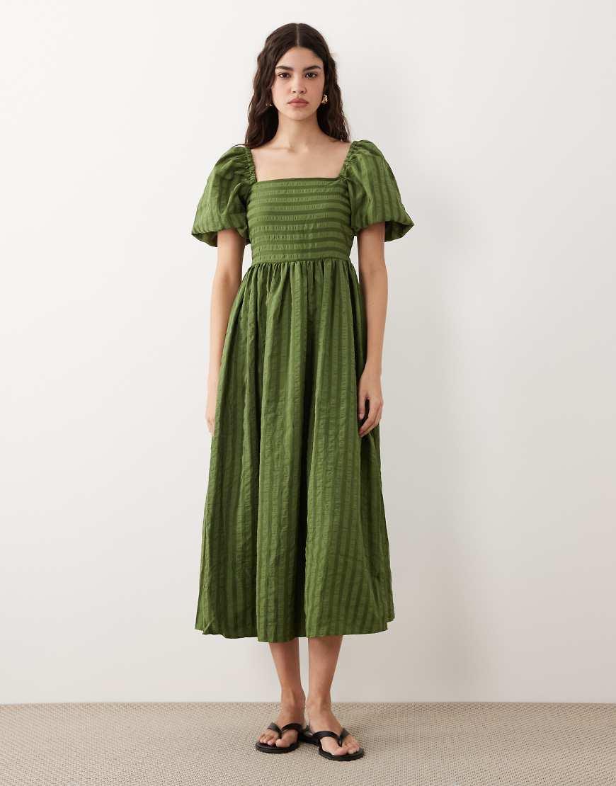 New Look Seersucker Puff Sleeve Midi Dress in Green | Lyst UK
