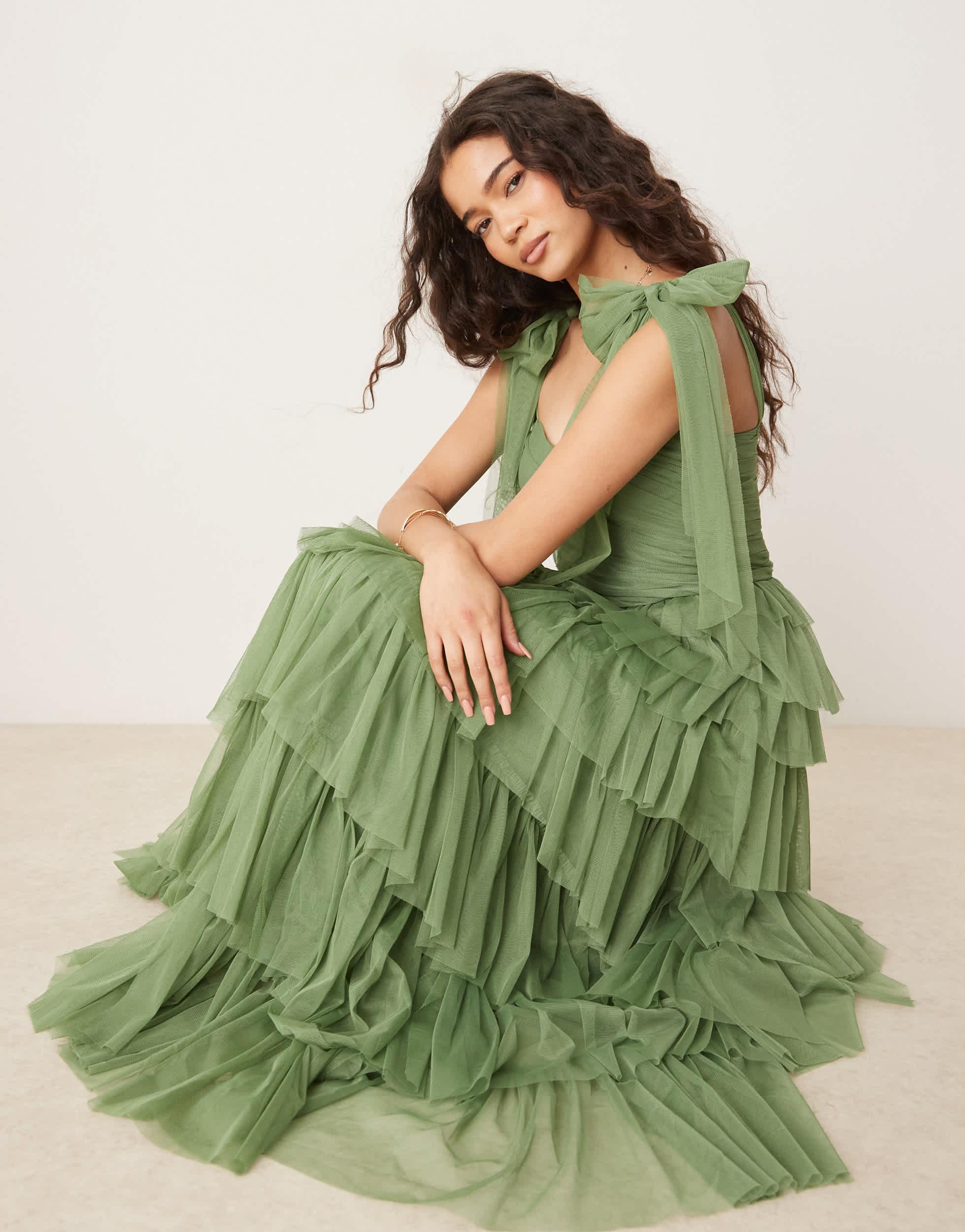 lace and beads green dress & Bow Shoulder Tiered Tulle Maxi in 5/24