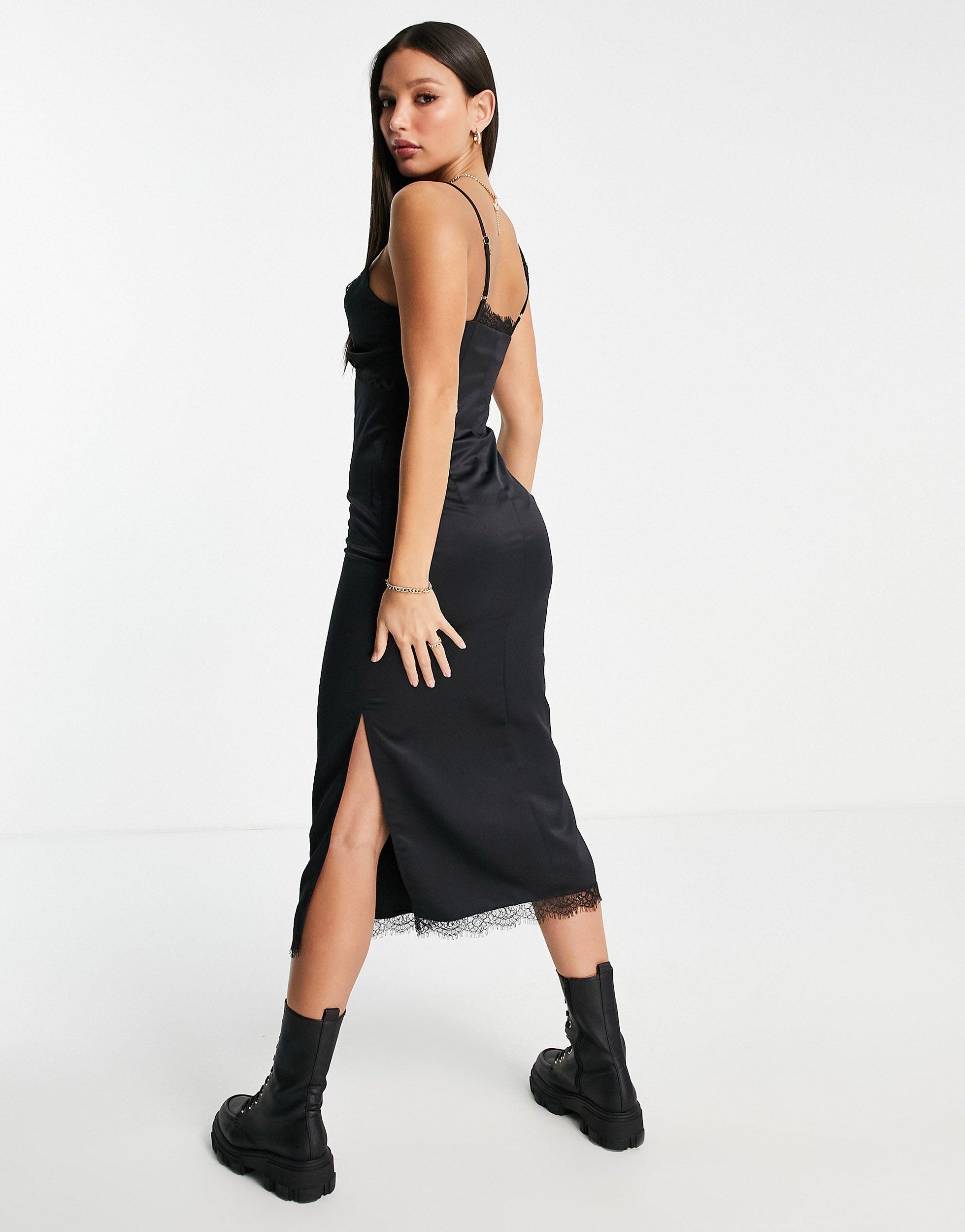 TOPSHOP Lace Trim Midi Slip Dress in Black | Lyst