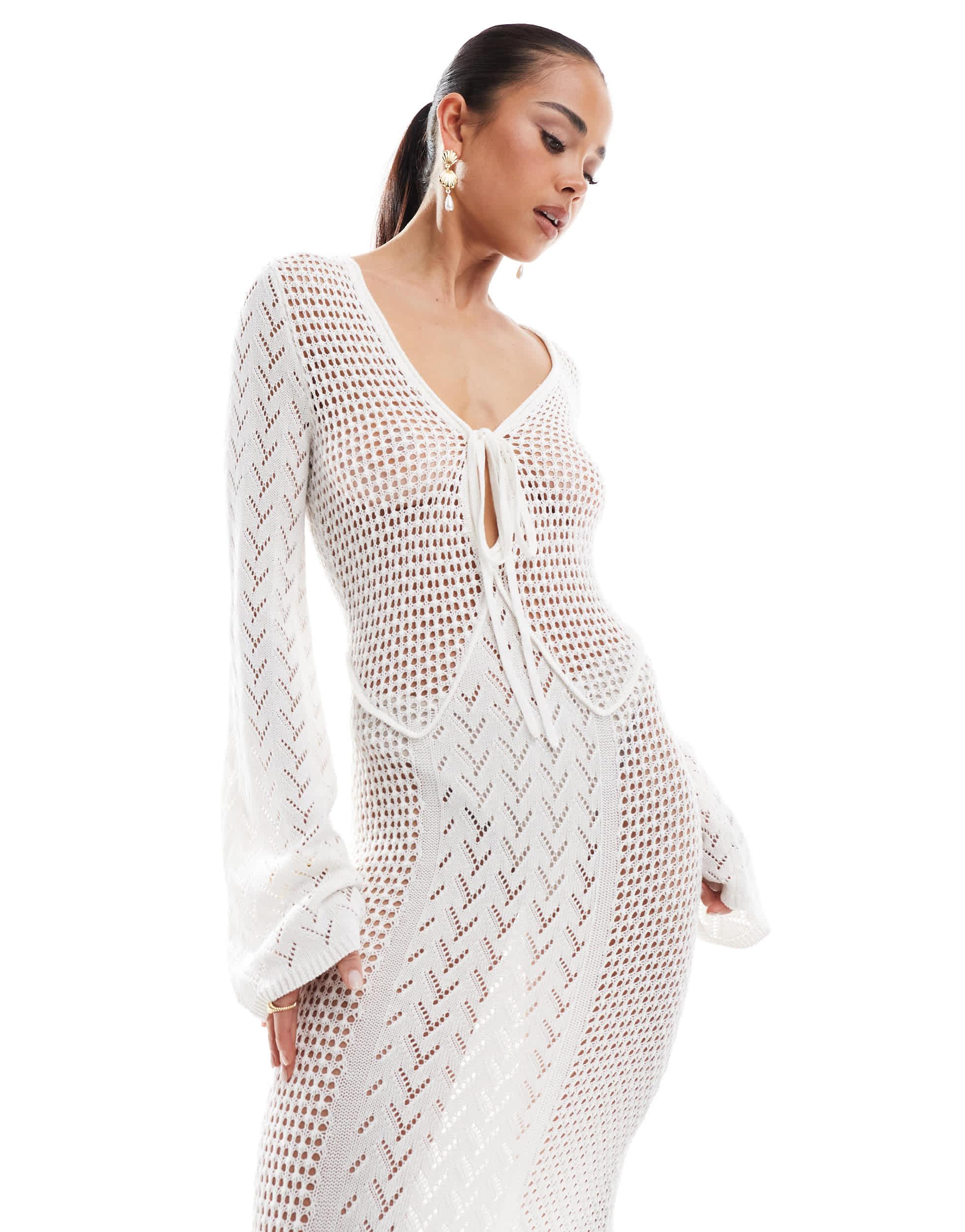 4th & Reckless Crochet Flared Sleeve Keyhole Detail Maxi Beach Dress in  White | Lyst