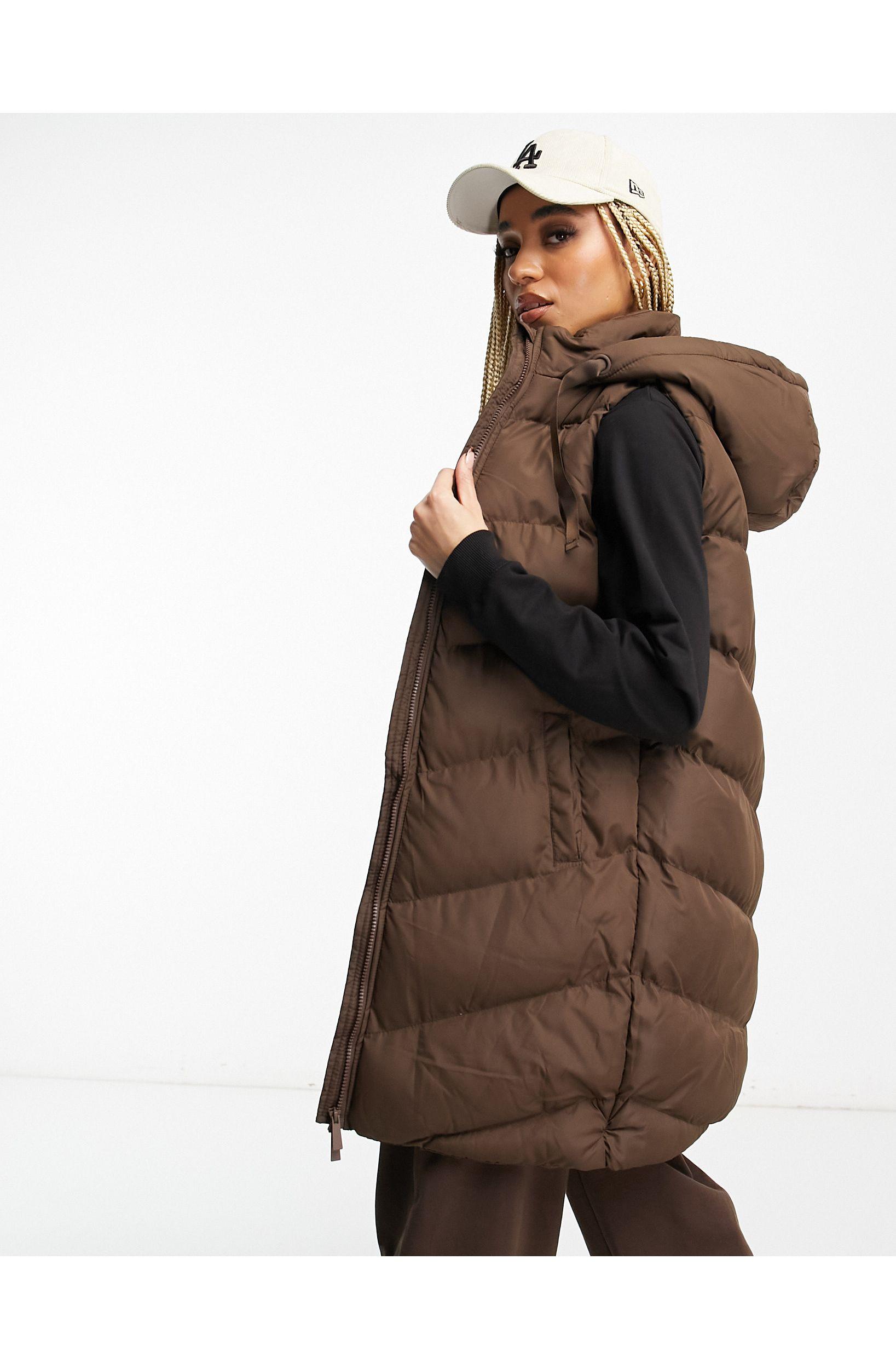 Threadbare Vamp Longline Padded Gilet With Hood in Brown