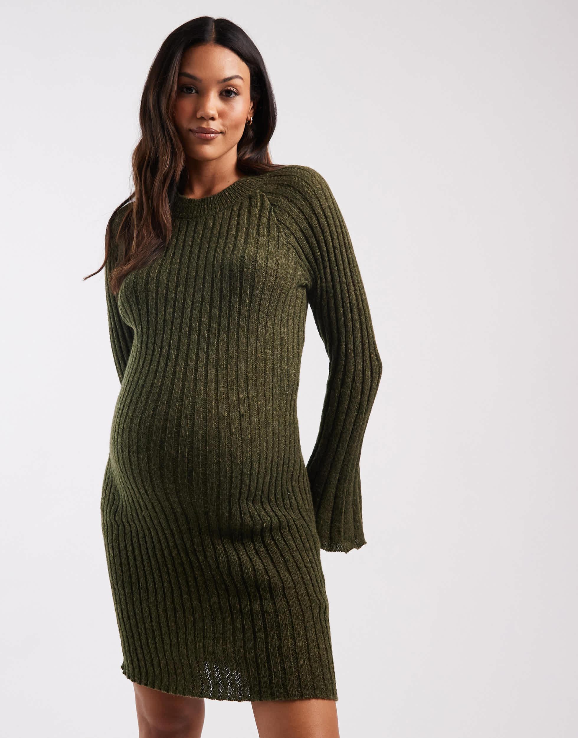 mamalicious green dress Mama.licious Mamalicious Maternity Soft Knitted Rib Bell Sleeve Mini Dress  in Green