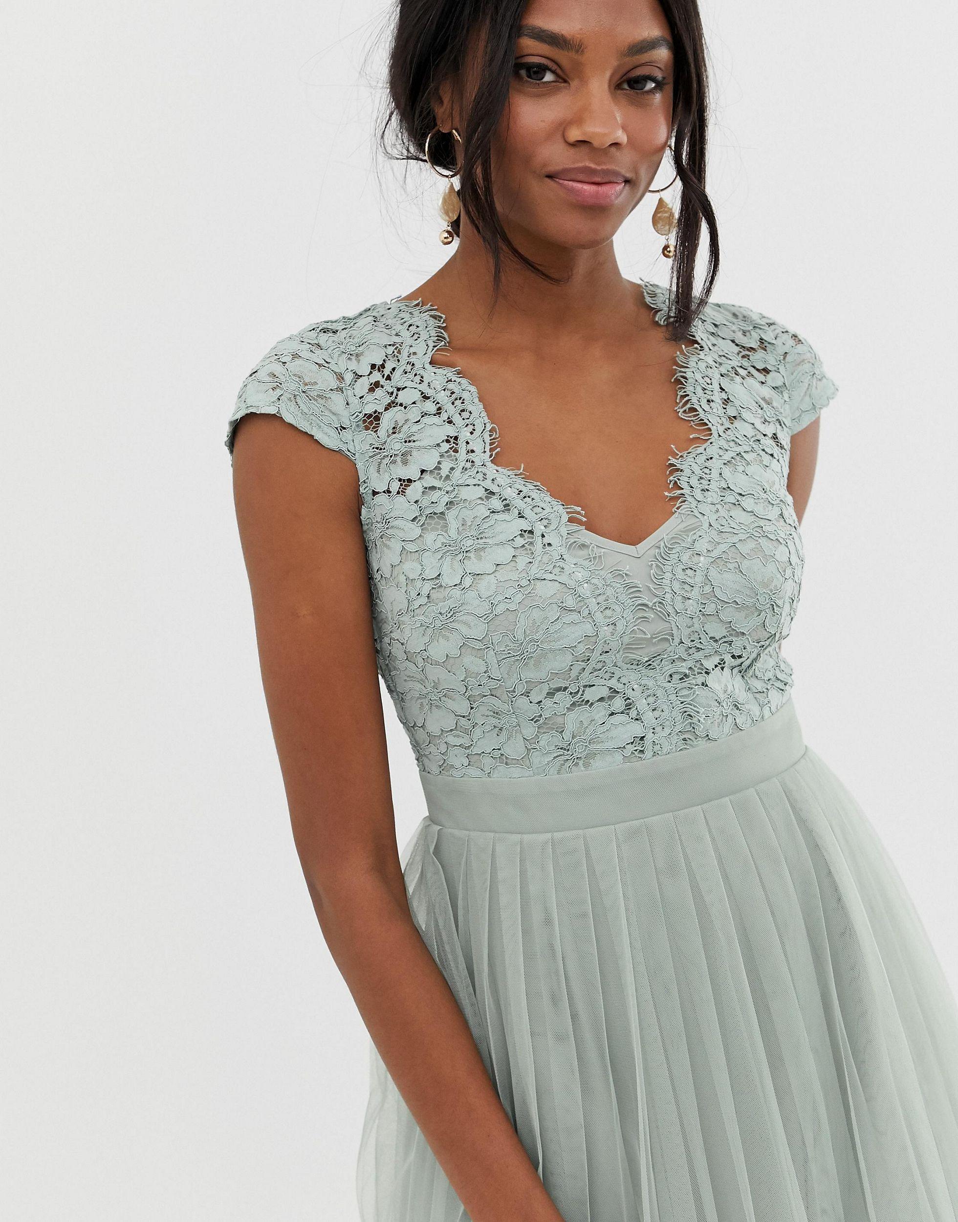 Little Mistress Tulle Capped Sleeve Midi Dress With Pleated Skirt in Green  | Lyst