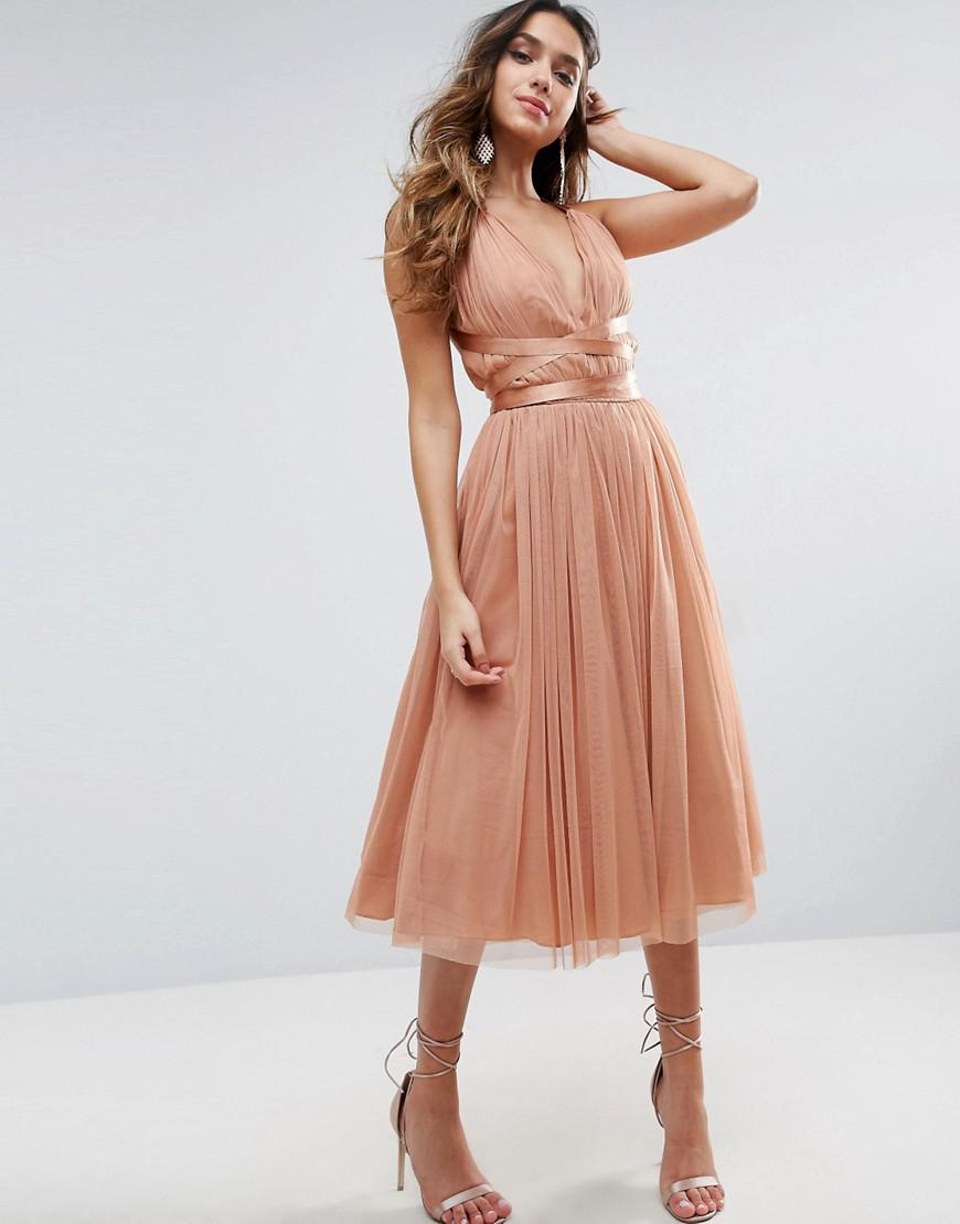 ASOS Premium Tulle Midi Prom Dress With Ribbon Ties in Orange | Lyst