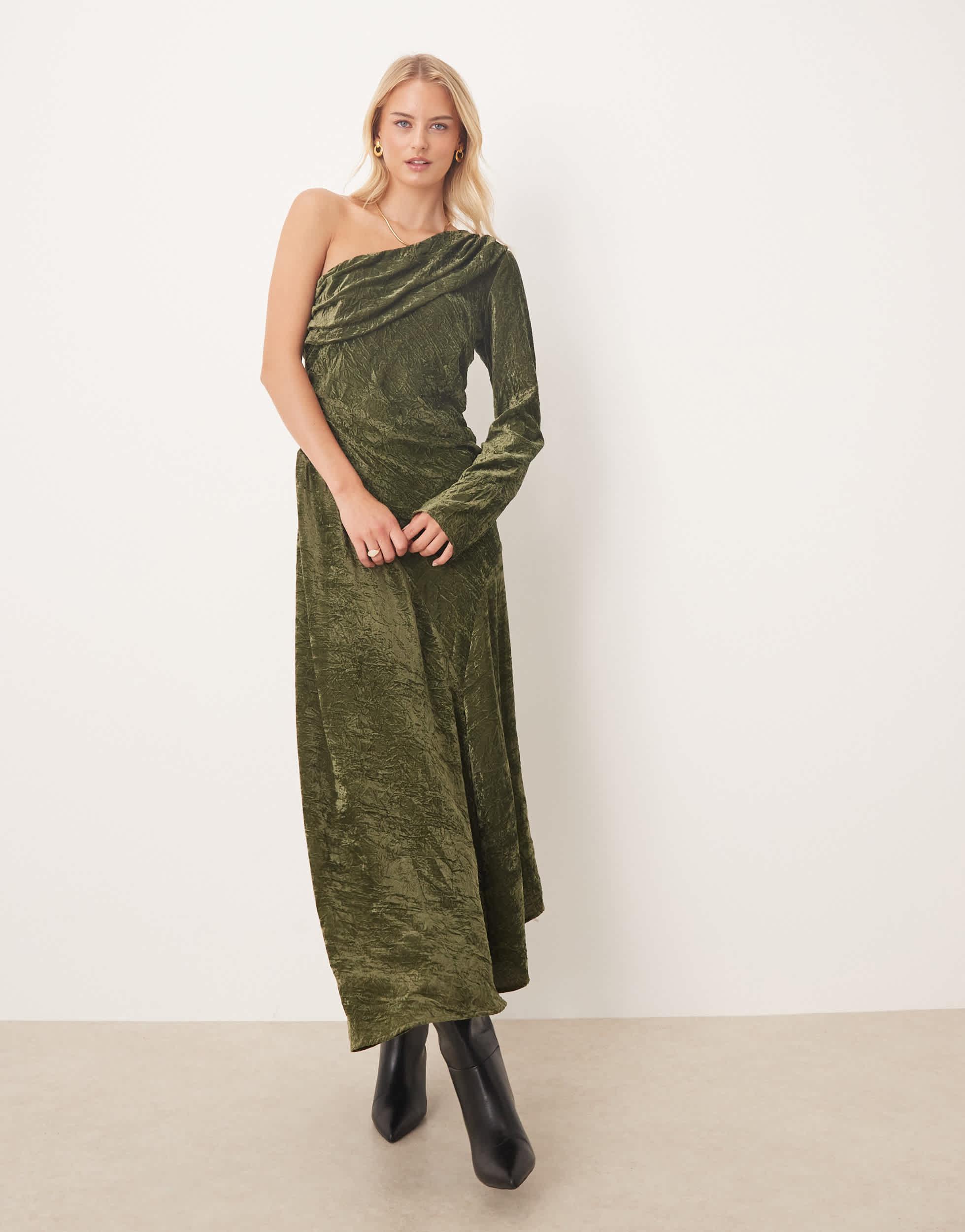 green emerald velvet dress Candela Bottle Green Velvet Asymmetric Bardot Maxi Dress  Club L London