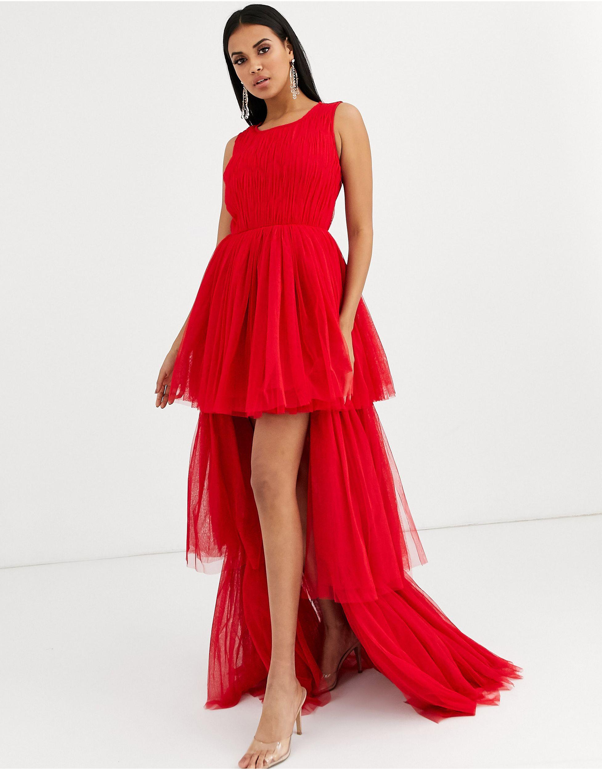 Vestito lungo a stratiLACE \u0026 BEADS in Tulle di colore Rosso | Lyst