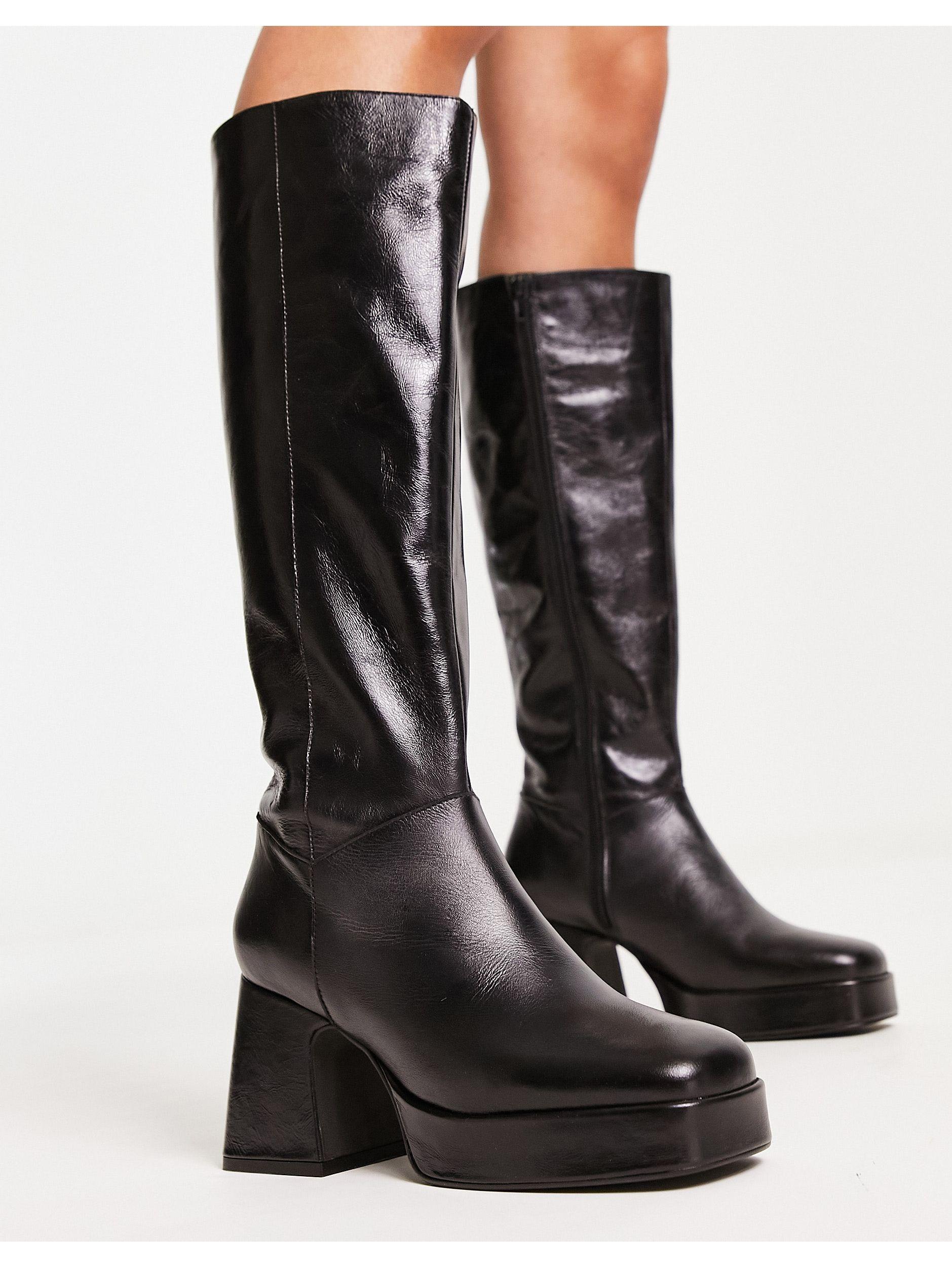 TOPSHOP Holly Premium Leather Platform Knee High Boot in Black | Lyst