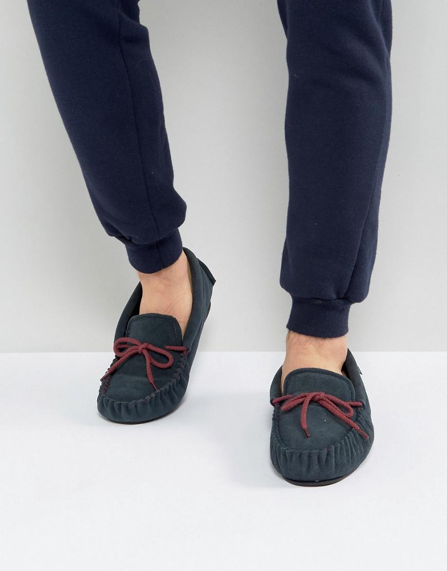 Dunlop Moccasin Slippers In Navy Suede 