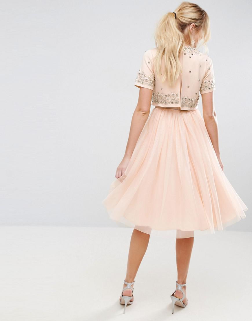 ASOS Embellished Crop Top Tulle Midi Dress in Pink | Lyst