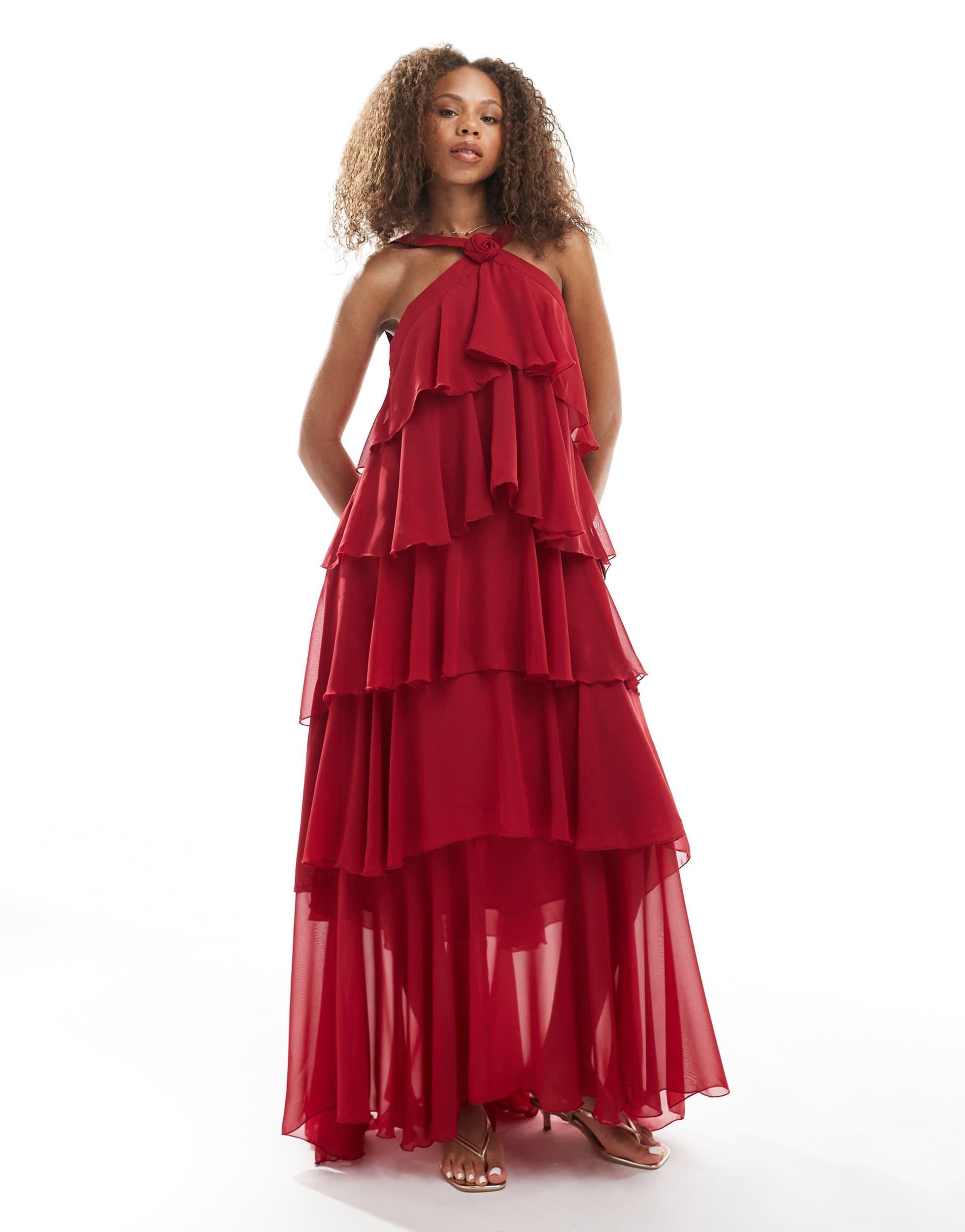 vero moda lana ruffle tiered halter dress Vero Moda Lana Ruffle Tiered Halter Dress in Natural