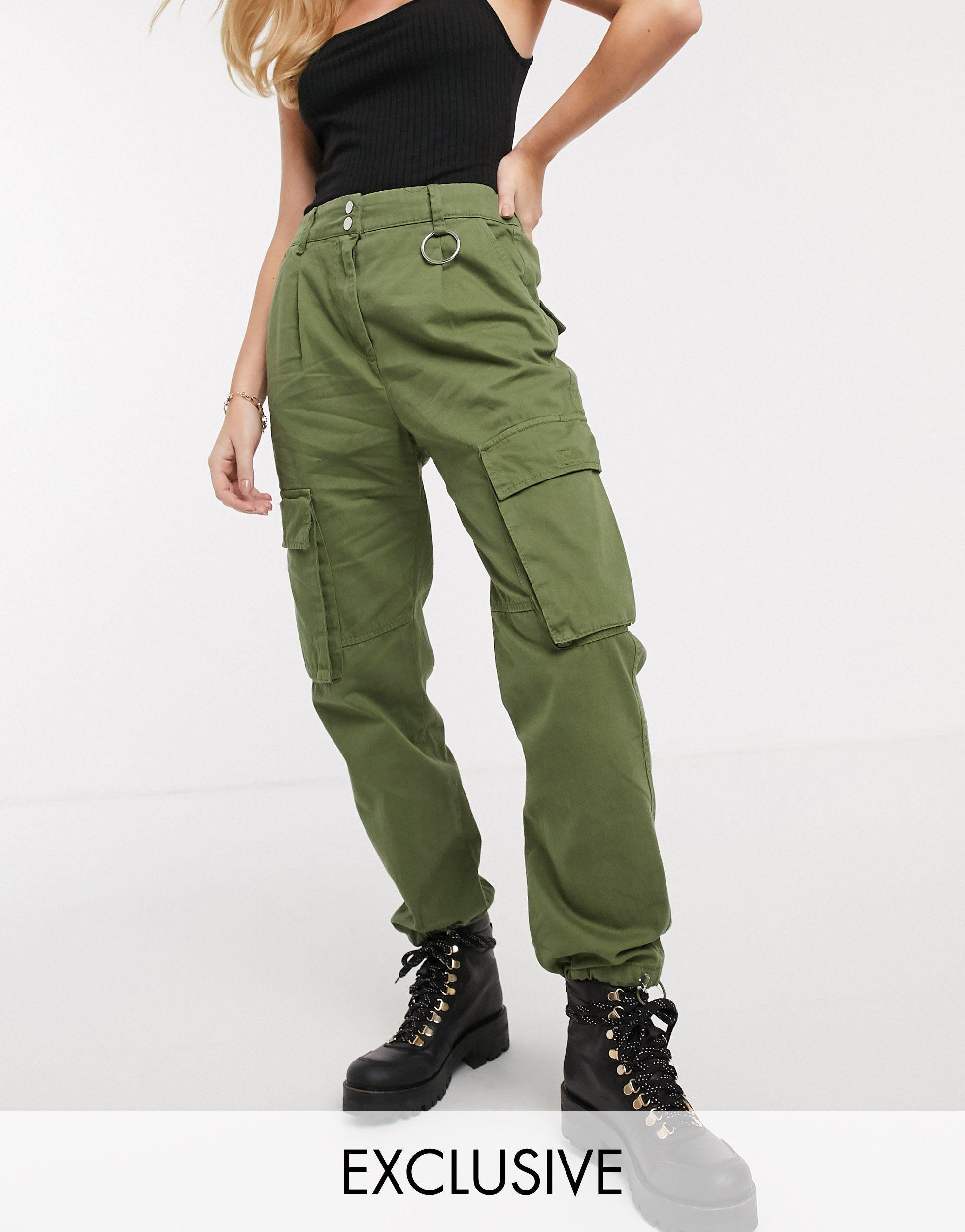 Bershka Denim Pocket Detail Cargo Trousers in Green - Lyst