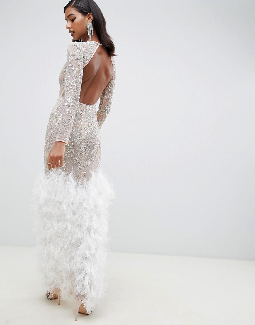 feather embellished gown