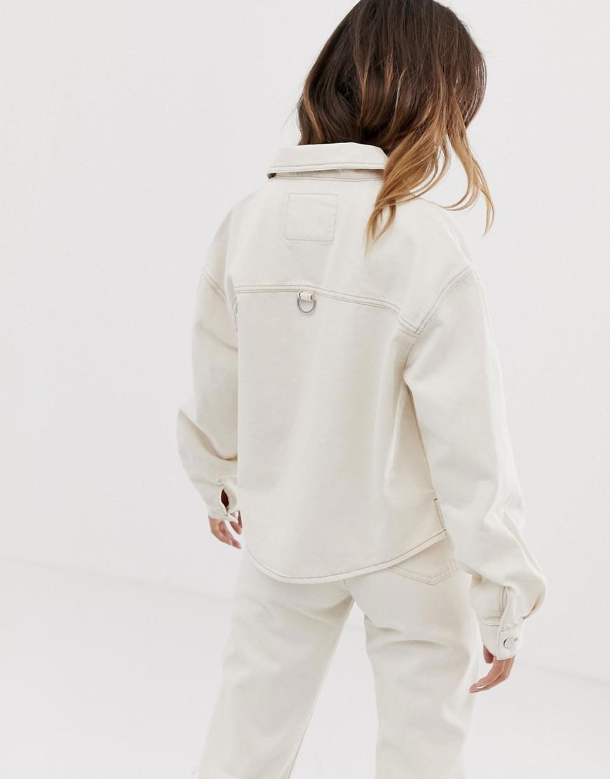 bershka pocket front utility denim jacket in beige