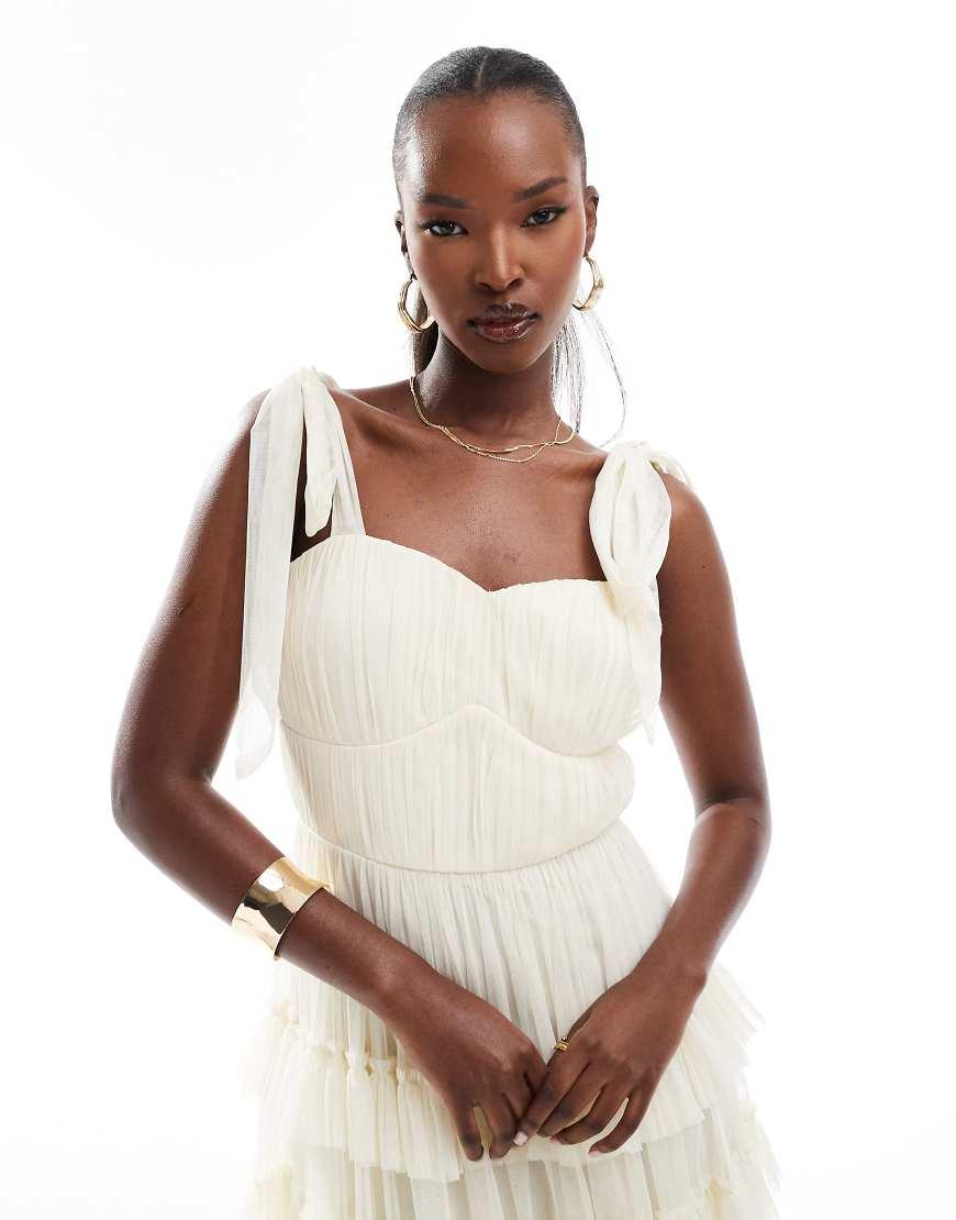 LACE & BEADS Bow Ruffle Midaxi Dress in White | Lyst UK