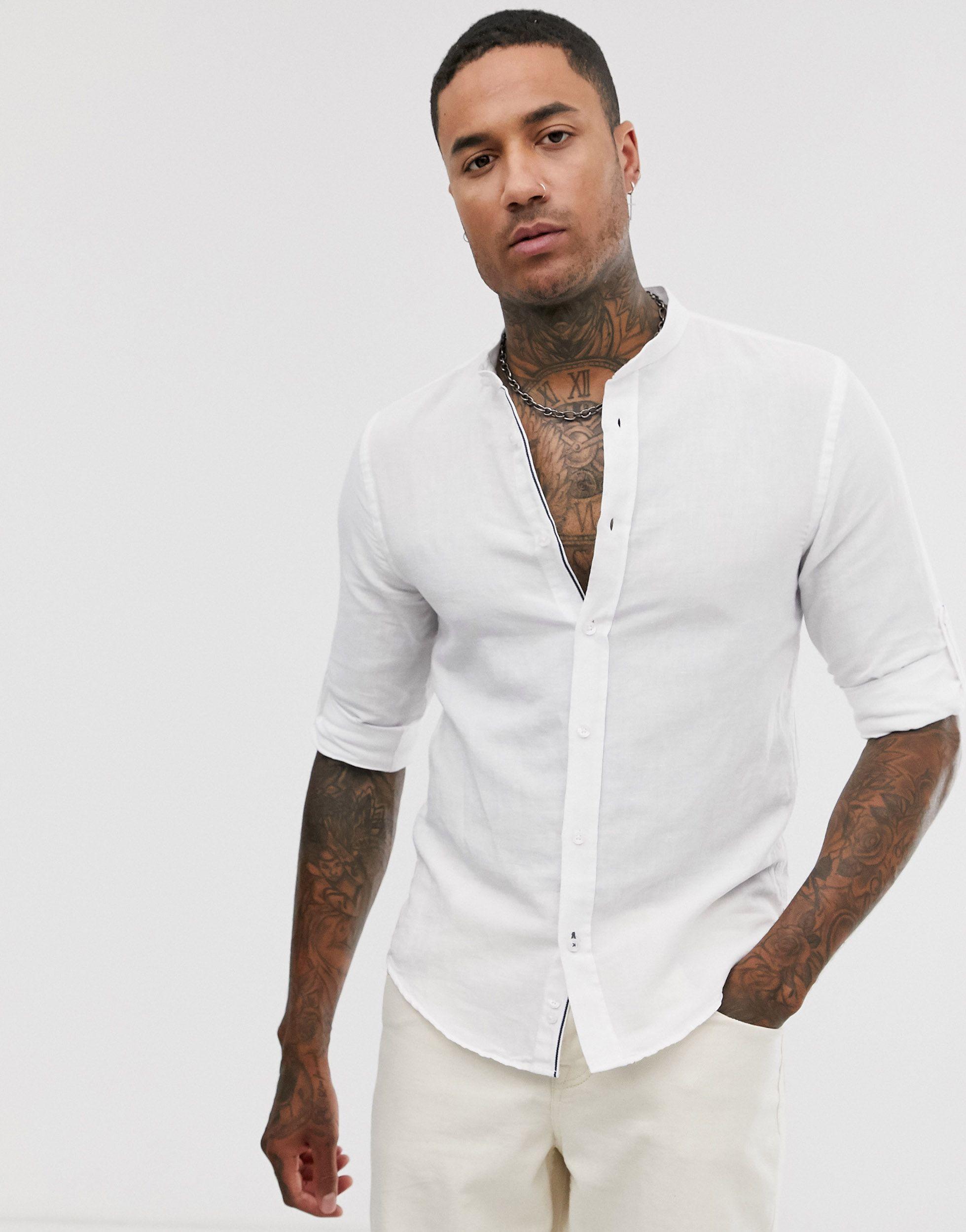Bershka Slim Fit Linen Grandad Collar Shirt in White for Men | Lyst