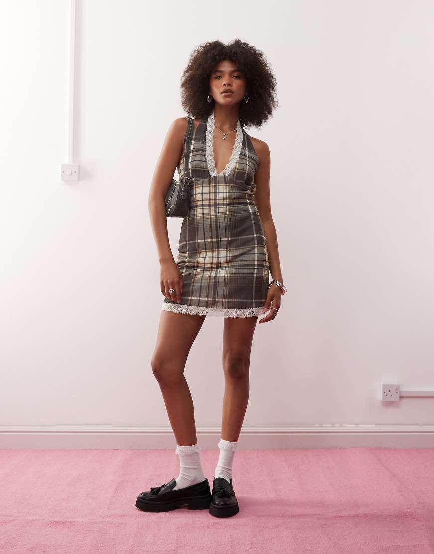 Collusion Check And Lace Mini Dress in Brown | Lyst UK