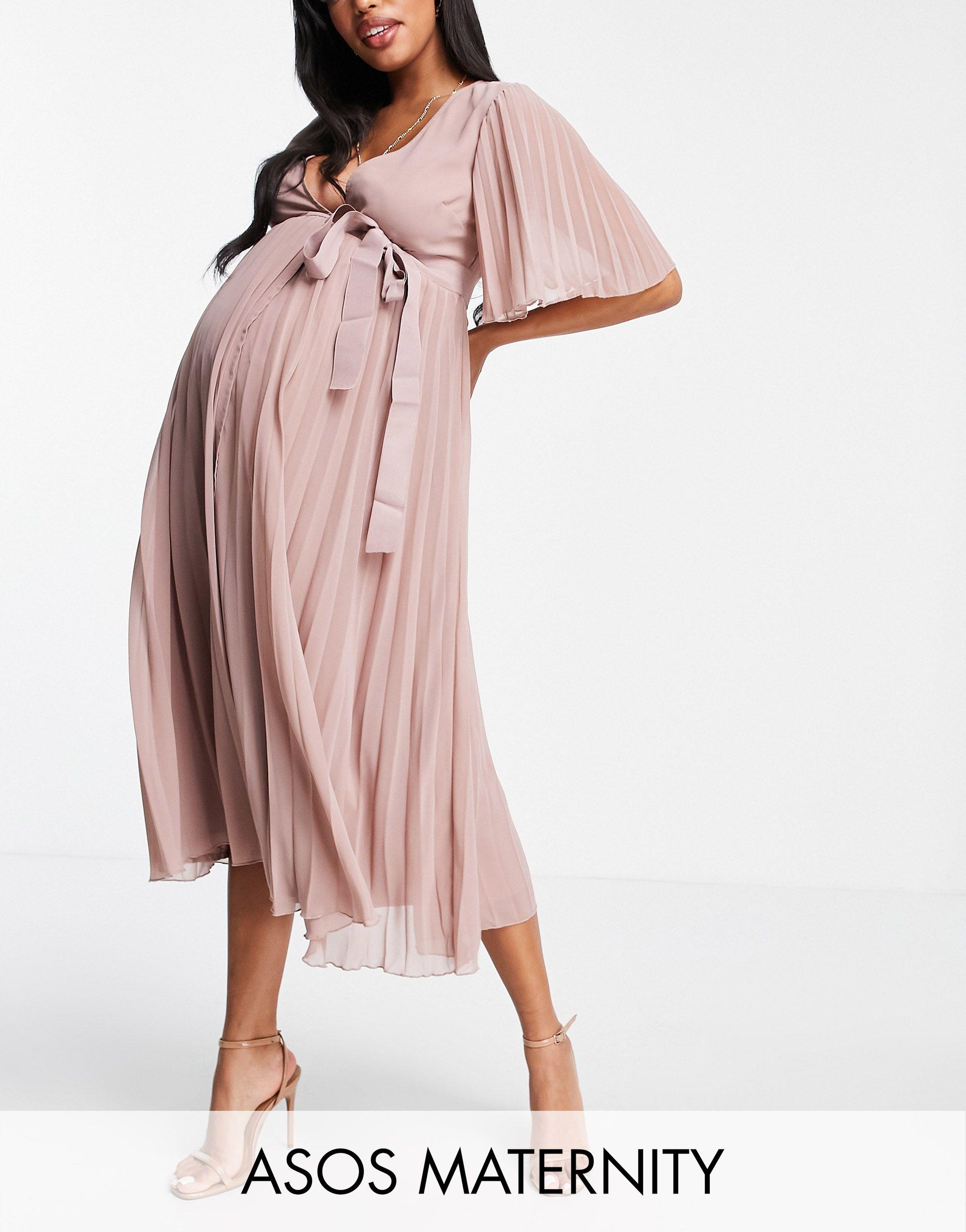 ASOS Asos Design Maternity Exclusive Pleated Midi Dress With Kimono Sleeve  And Tie Waist in Pink | Lyst