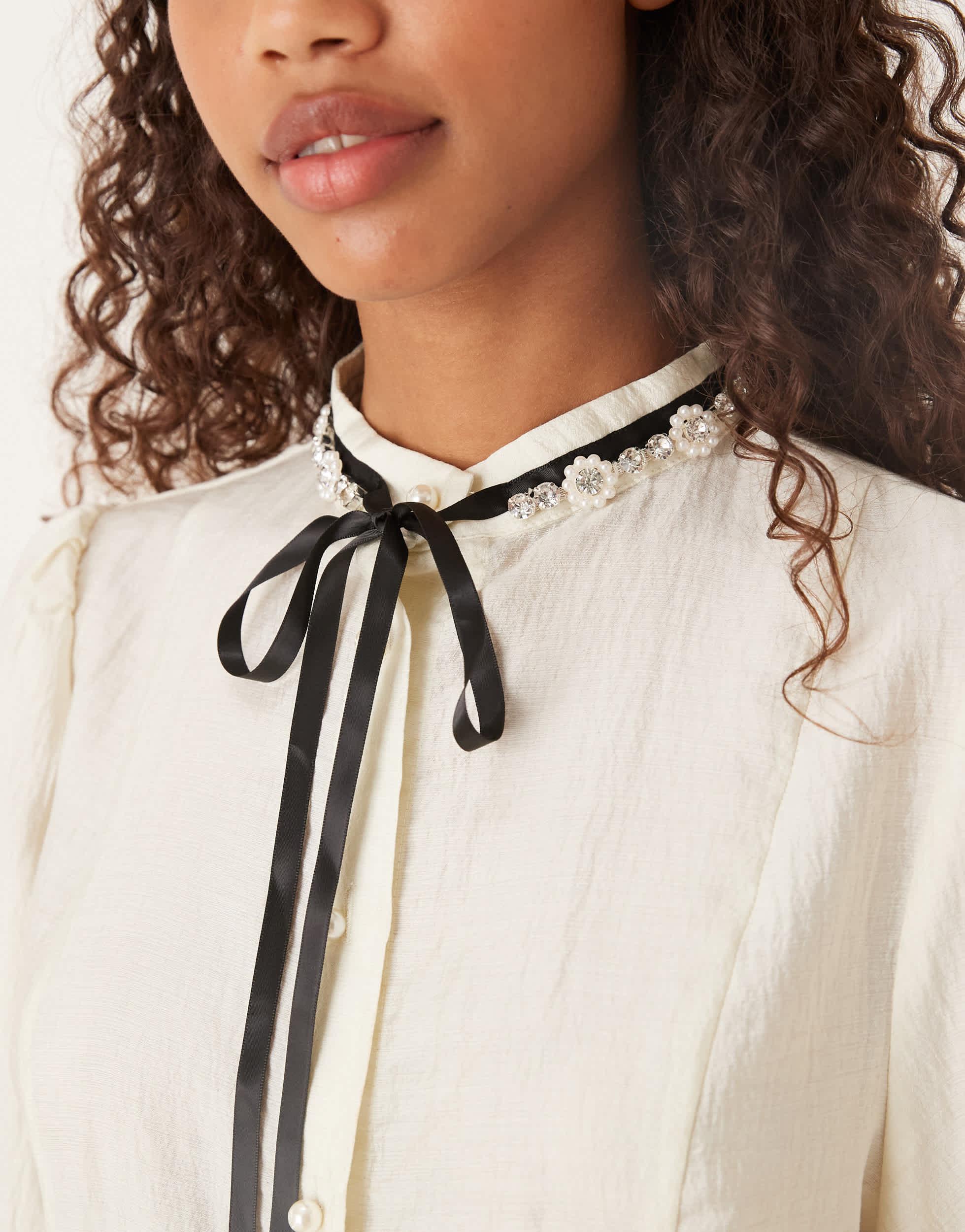 Sister Jane Encore Textured Bow And Pearl Trim Blouse in Natural 