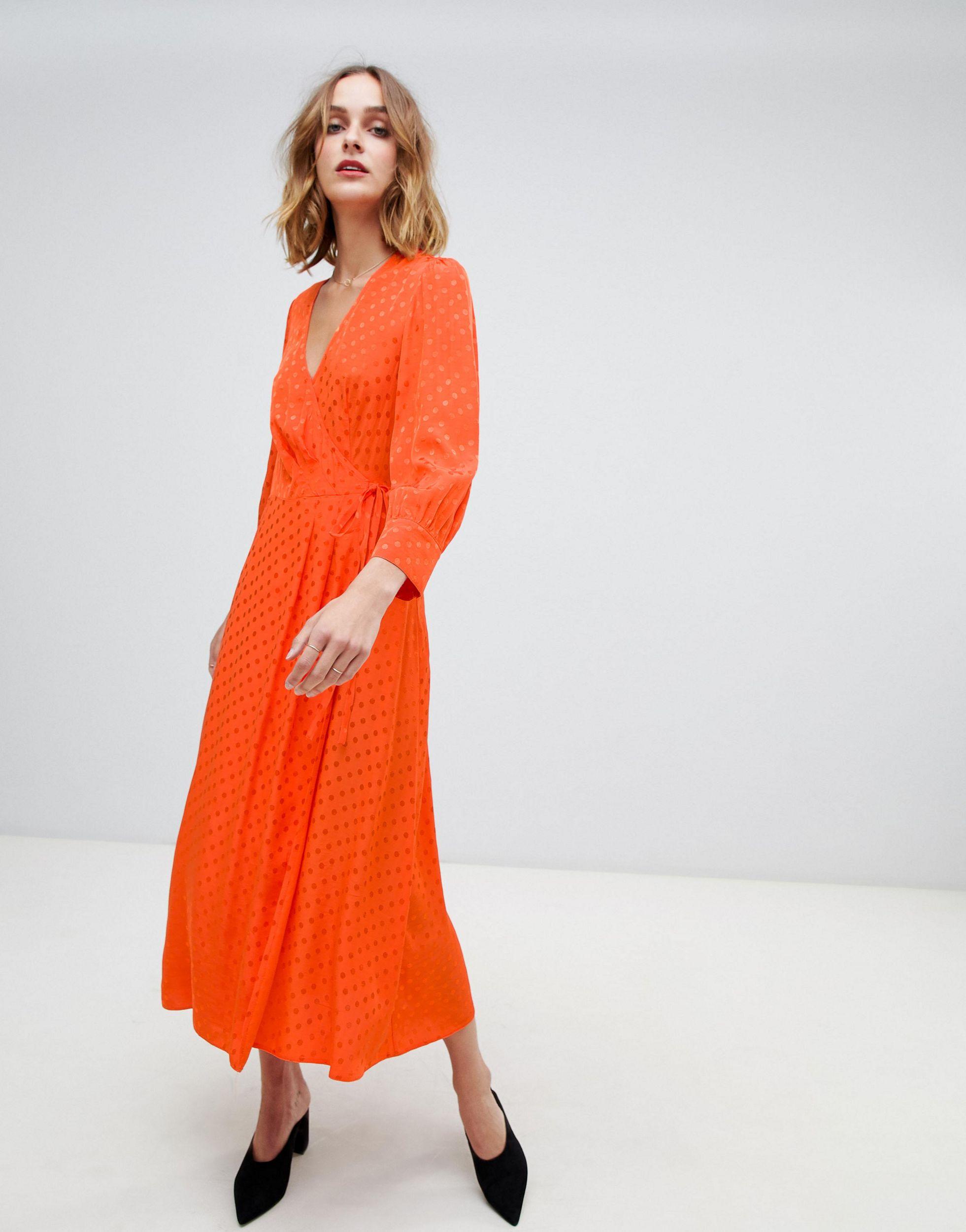 warehouse spot ruffle wrap dress