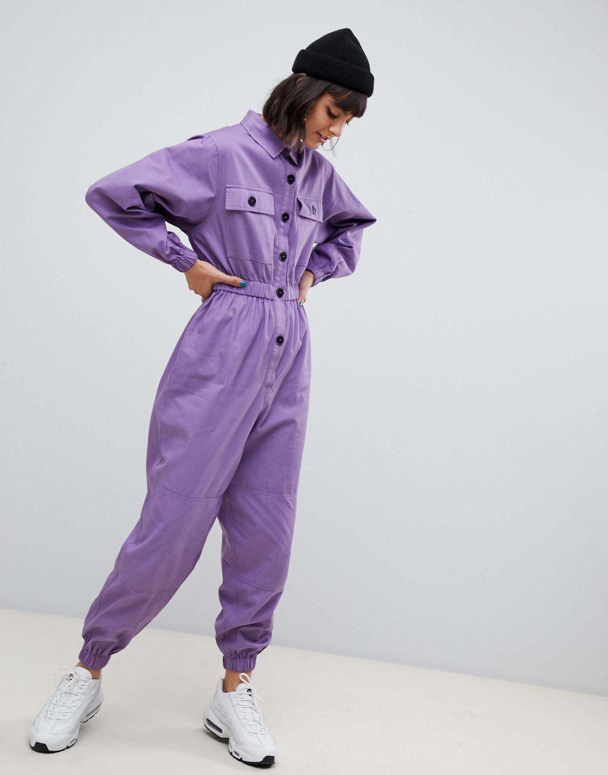 ASOS Boilersuit With Contrast Buttons in Purple | Lyst