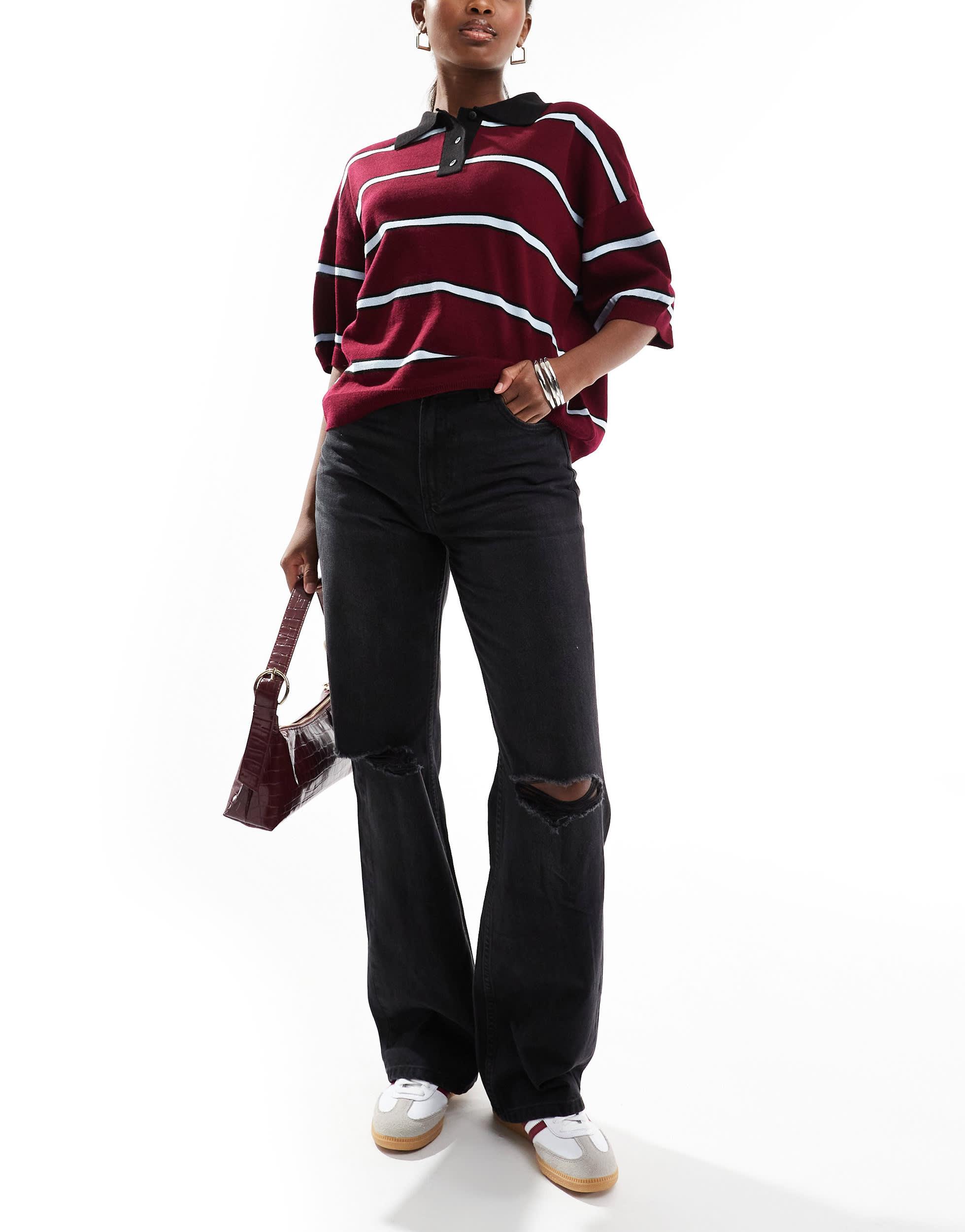 Jean large dechire aux genoux Bershka en coloris Rouge Lyst